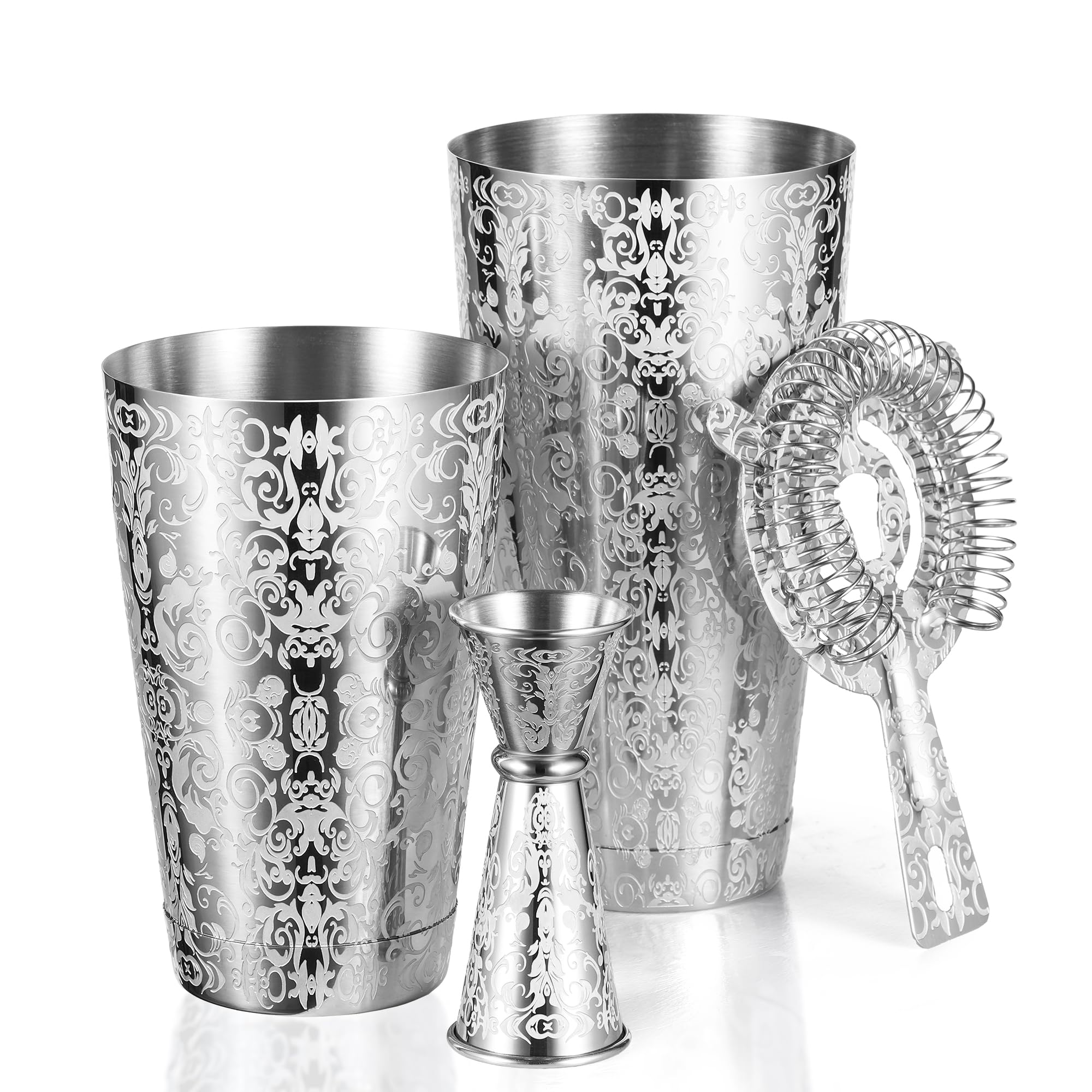 Kitessensu Etched Boston Cocktail Shaker Set, Baroque Scroll Engraved
