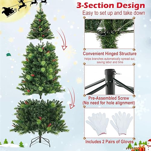 Miniatura 5 de Goplus Árbol de Navidad artificial preiluminado de 8 pies, árbol de Navidad con bisagras con 1272 puntas de ramas de PVC y agujas de pino, 500 luces