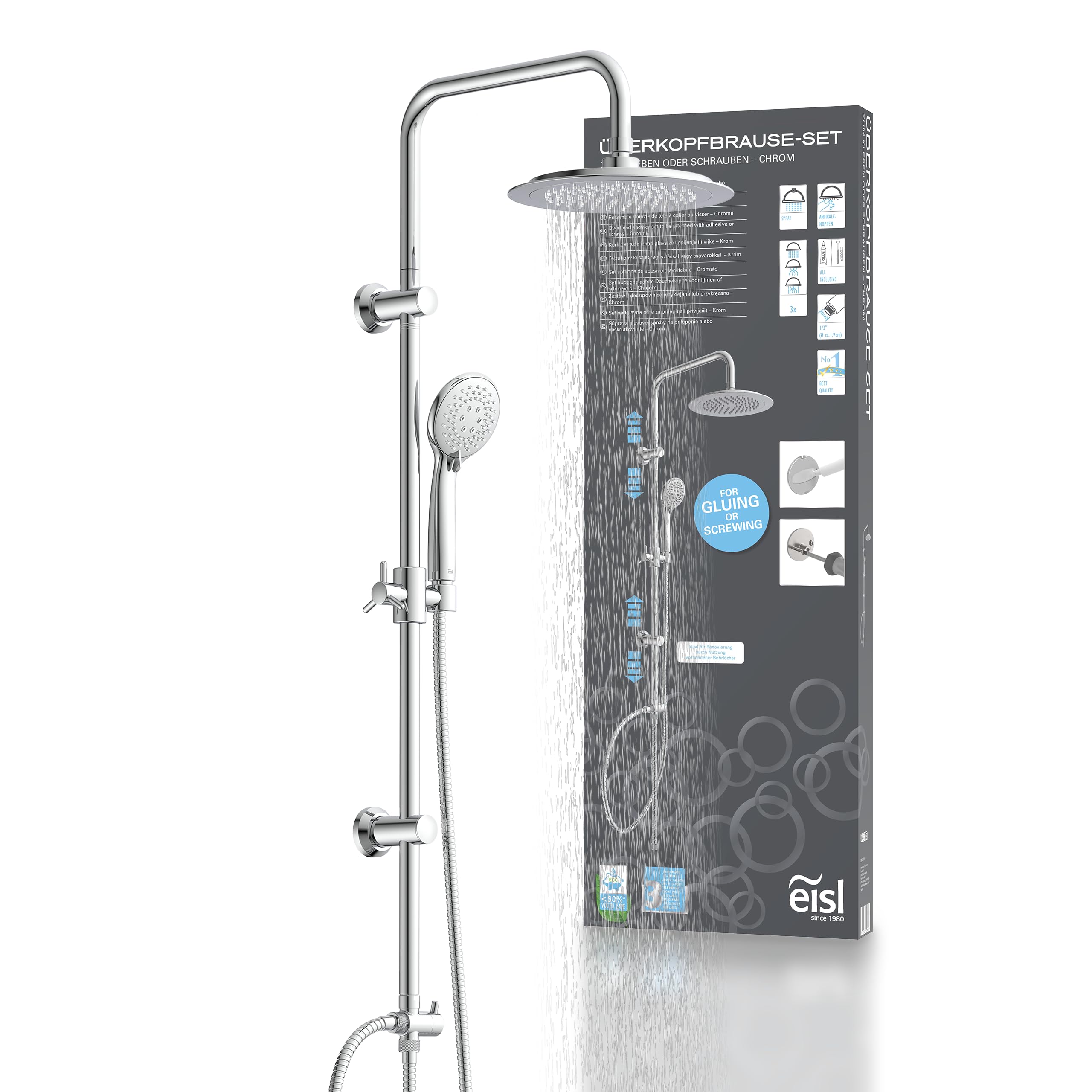 EISL DX12009 Duschset zum Kleben, Duschgarnitur mit Regendusche, Duschstange ohne Bohren, Duschsystem ohne Armatur, Duscharmatur mit Regenwalddusche und Handbrause mit 3 Strahlarten, Chrom
