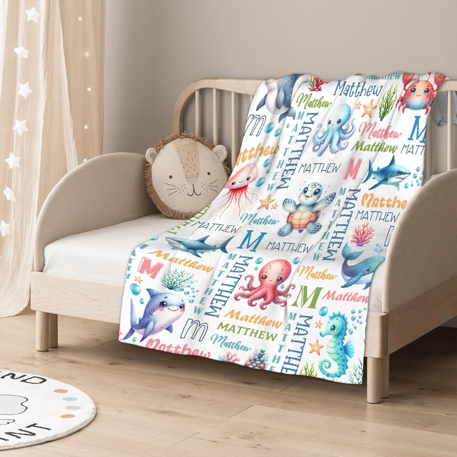 Personalized Baby Blanket for Girls Boys Sea ​​Animals Custom Baby Blanket with Name Swaddle Blanket for Toddlers Infants Kids Shower Newborns Nursery Stroller Crib Decor Throw Birthday Gift