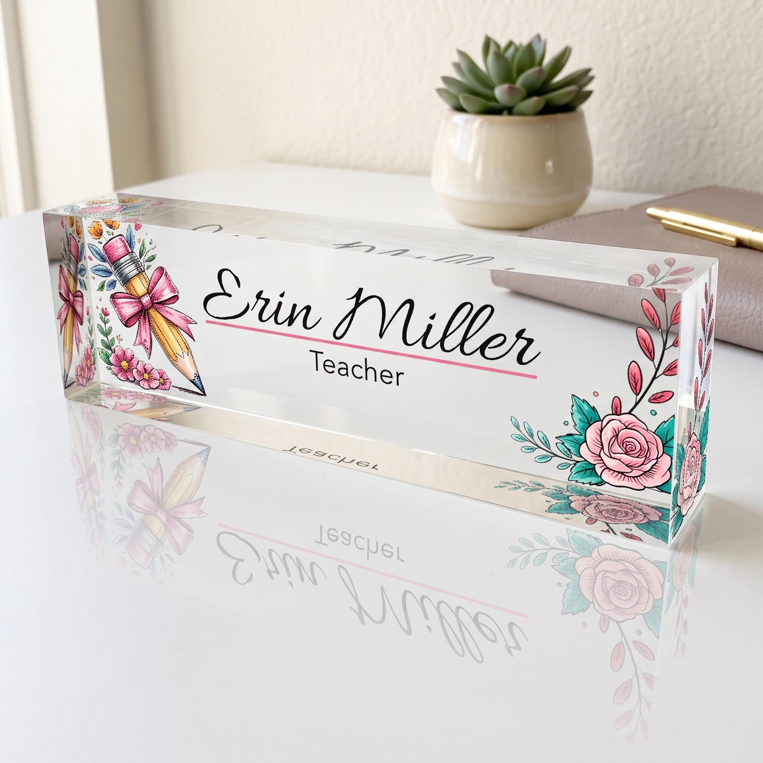 Personalized Acrylic Name Plate with Pencil Flower Design