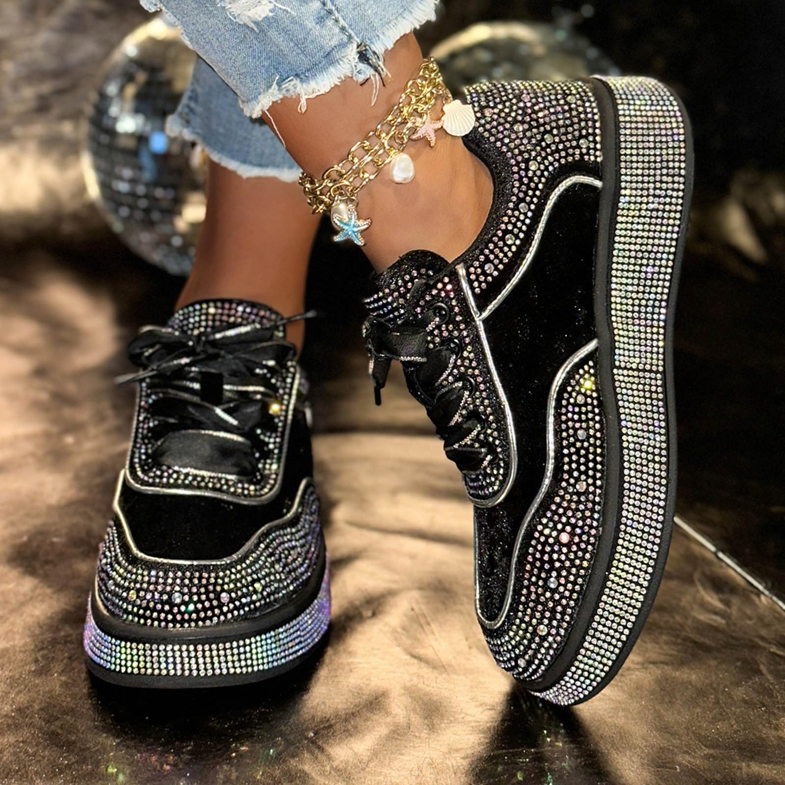 Zapatos brillantes brillantes para mujer, con plataforma, con puntera redonda, para fiestas, bodas, deportes, transpirables, cómodas, para correr, para el tiempo libre, para caminar