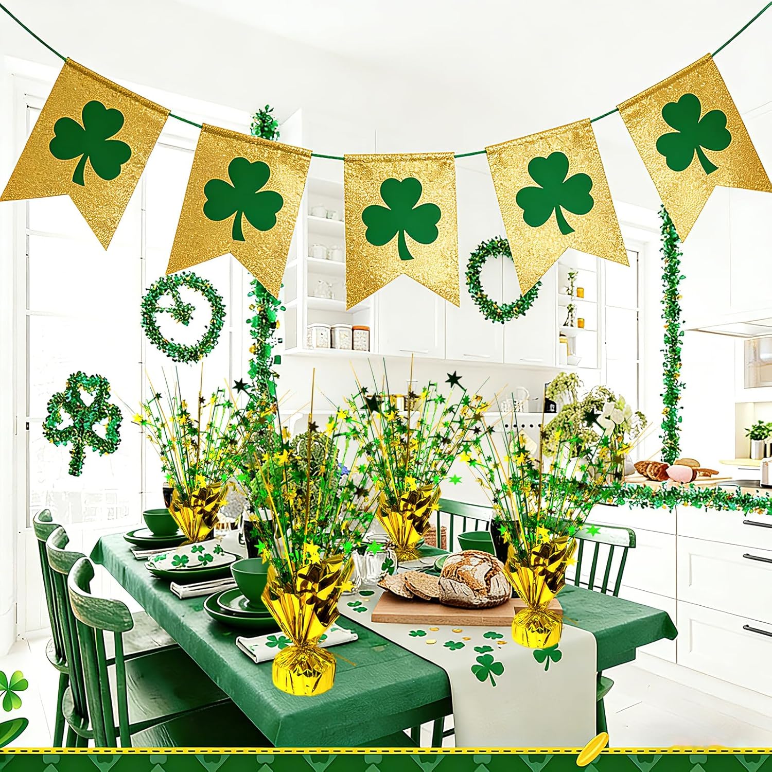 6 Pc St. Patrick's Day Party Decoration Metallic Foil Spray Centerpieces Star Burst Tabletop Decor for Irish St Patty's Day Jungle Animal Birthday Holiday Graduation Hawaiian Party Green Gold