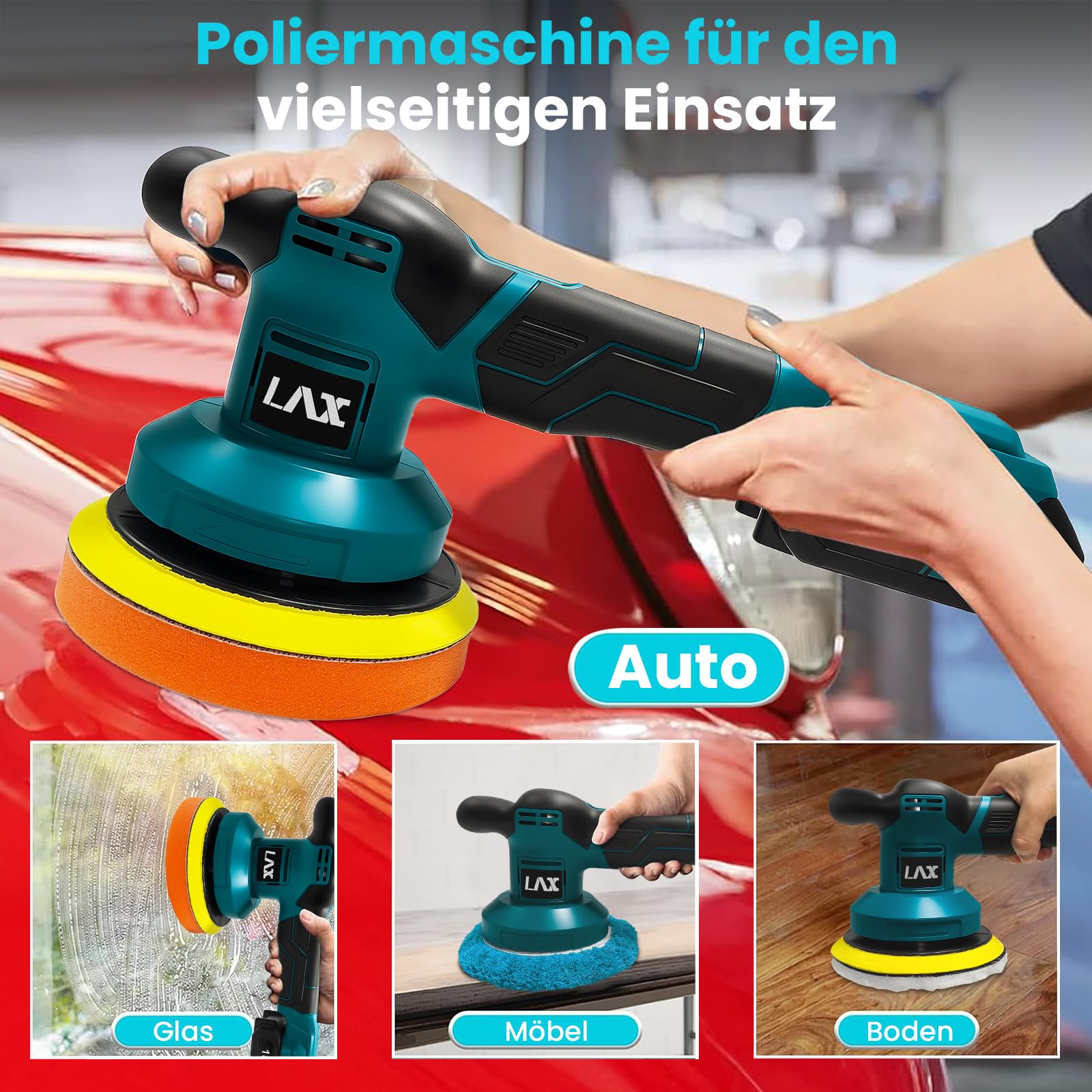 Poliermaschine Auto für Makita 18V Akku, 6 Zoll Orbital Auto Politur mit 3 Variablen Geschwindigkeiten, 2pcs Akkus Auto Polierset, für Auto Detailpflege und Kratzerentfernung