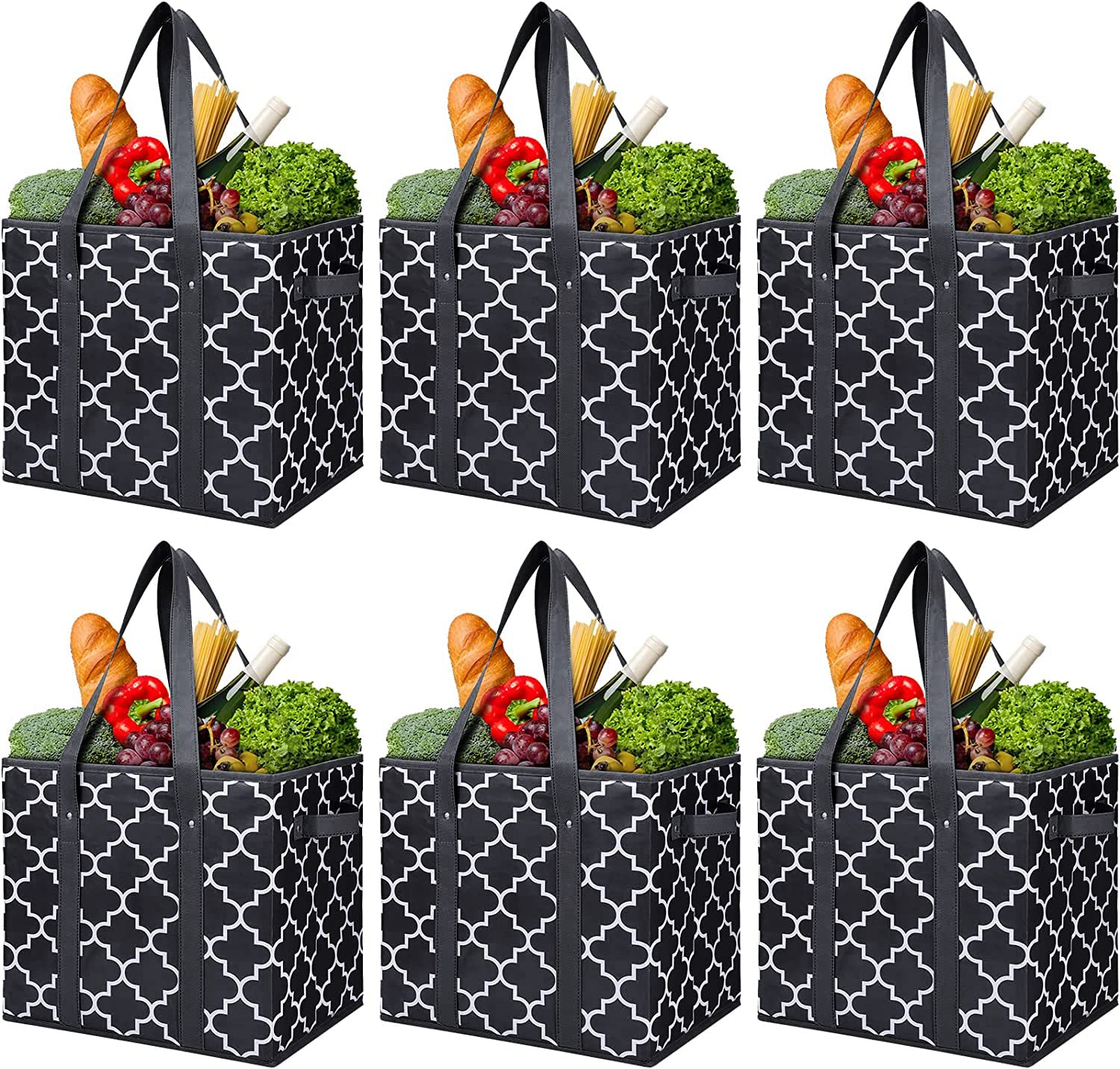 WISELIFE Reusable Grocery Bags 6-Pack Foldable Washable Large Storage Bins Basket Water Resistant Shopping Tote Bag Black