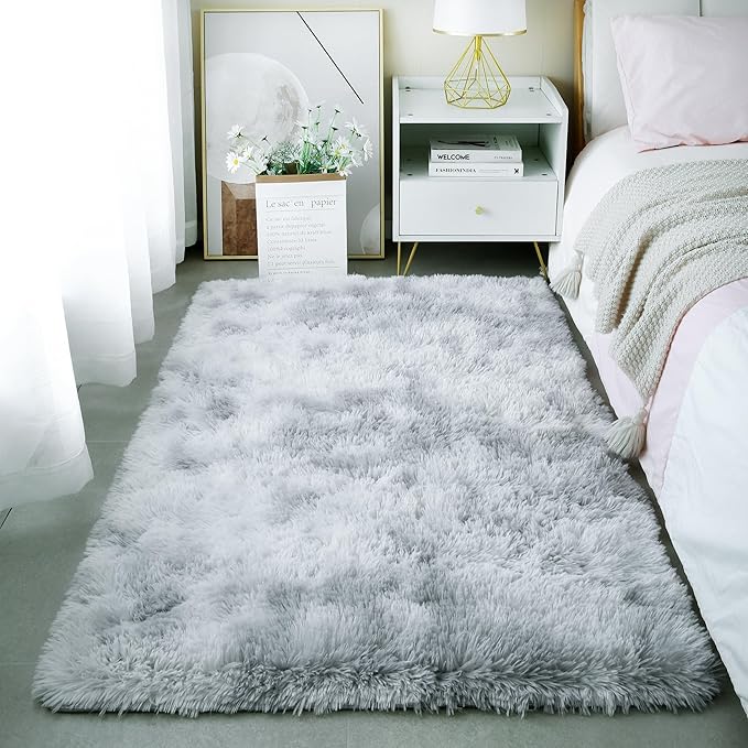 Amazon.com: KICHOWUA 3x5 Fluffy Shag Light Grey Rug for Bedroom, Soft ...