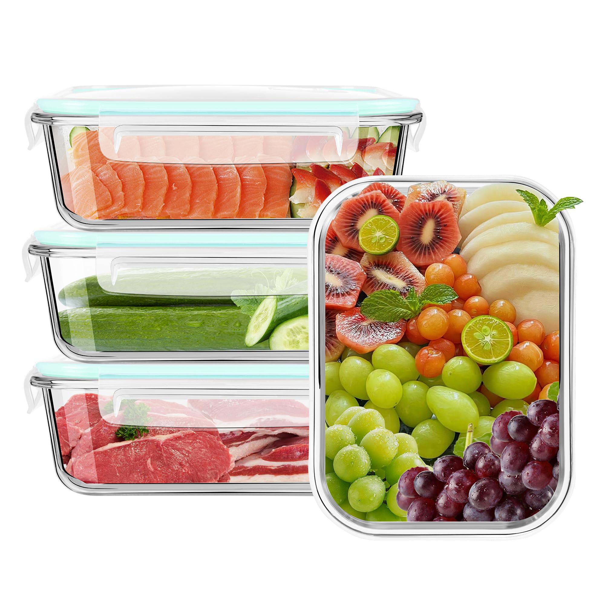 Gcirn Glass Food Storage Containers with Lids of 1040ML*4, BPA-Free Meal Prep Containers,Glass Lunch Box，Food Containers with Blue Lids