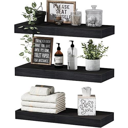 QEEIG Floating Shelves for Wall Bathroom Shelf Bedroom Kitchen Living Room Hanging Book Shelves Small Farmhouse Decor 16 inch Set of 3, Black (015-B3)