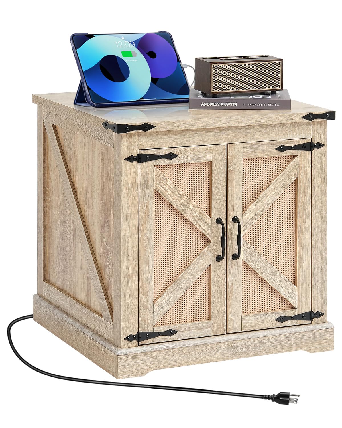 VEVOR Farmhouse End Table, Rectangle PE Rattan Woven Wood Coffee Table, 24-Inch Modern Boho Style Storage Coffee Table with Retro Metal Hinges, for