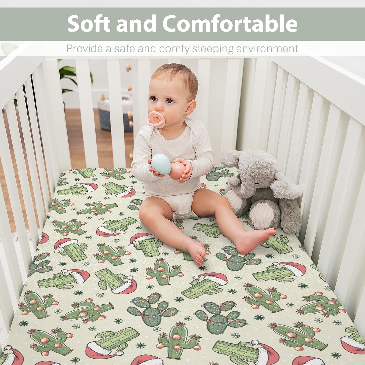 Christmas Cactus Santa Hat Baby Crib Sheets for Boy Girl 52x28Inch Green Cactus Balls Snowflakes Soft Snug Fitted Crib Mattress Cover West Desert Plant Baby Sheet for Standard Crib & Toddler Mattress