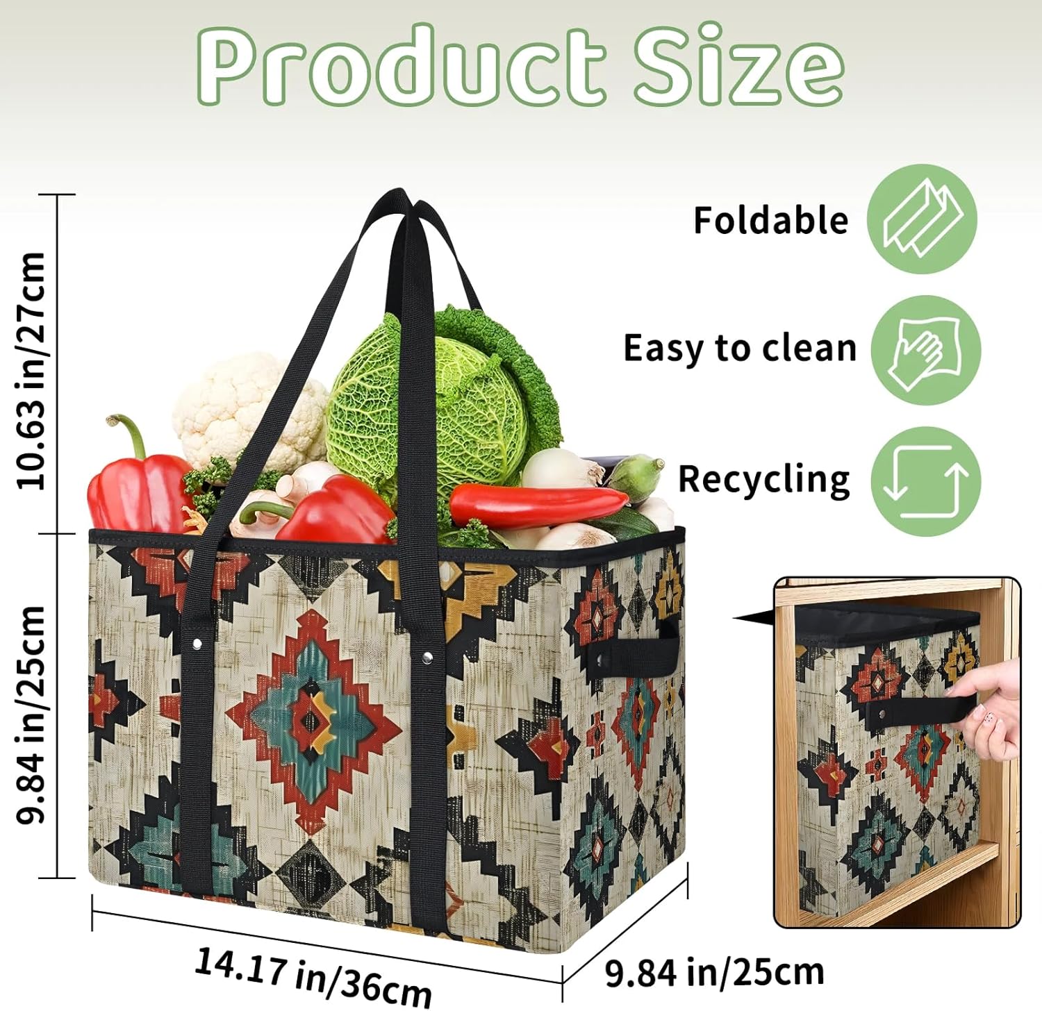 Aztec Florals Reusable Grocery Bags Foldable Shopping Bags Storage Bins Basket Large Grocery Tote Bag Foldable Shopping Bag with Reinforced Bottom & Handles for Clothes Shoes Picnic, 3pcs