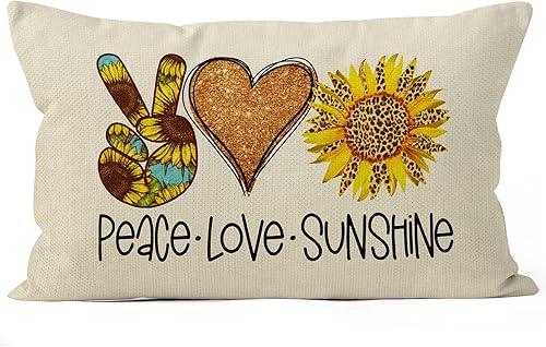 Funda de almohada rústica de lino con diseño de flores de verano y paz, amor, sol, regalos para amantes del sol, para decoración del hogar,