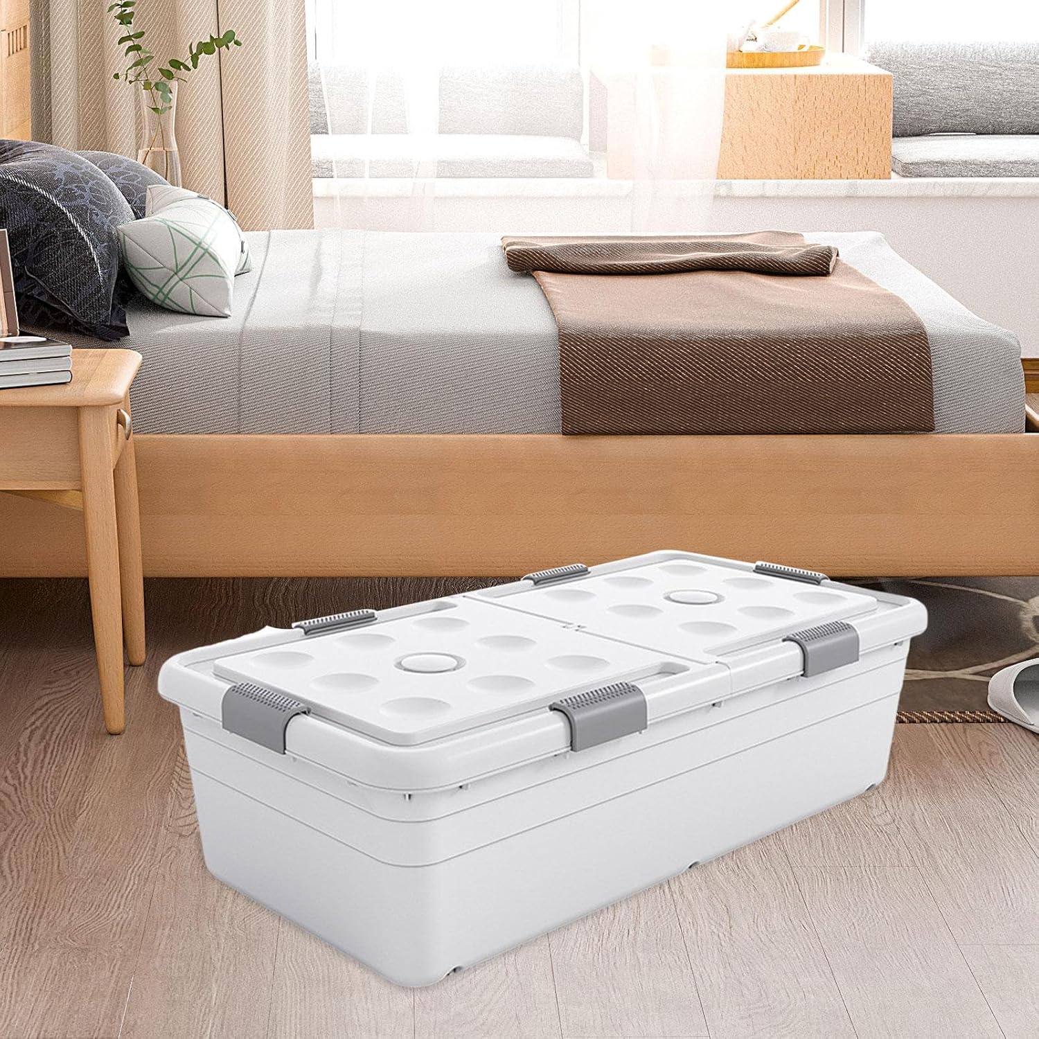 Under Bed Storage Box Rolling Storage Bin with Lid Open from Both Sides Underbed Container Organizer Case for Cloakroom Toys, White, Height 30cm