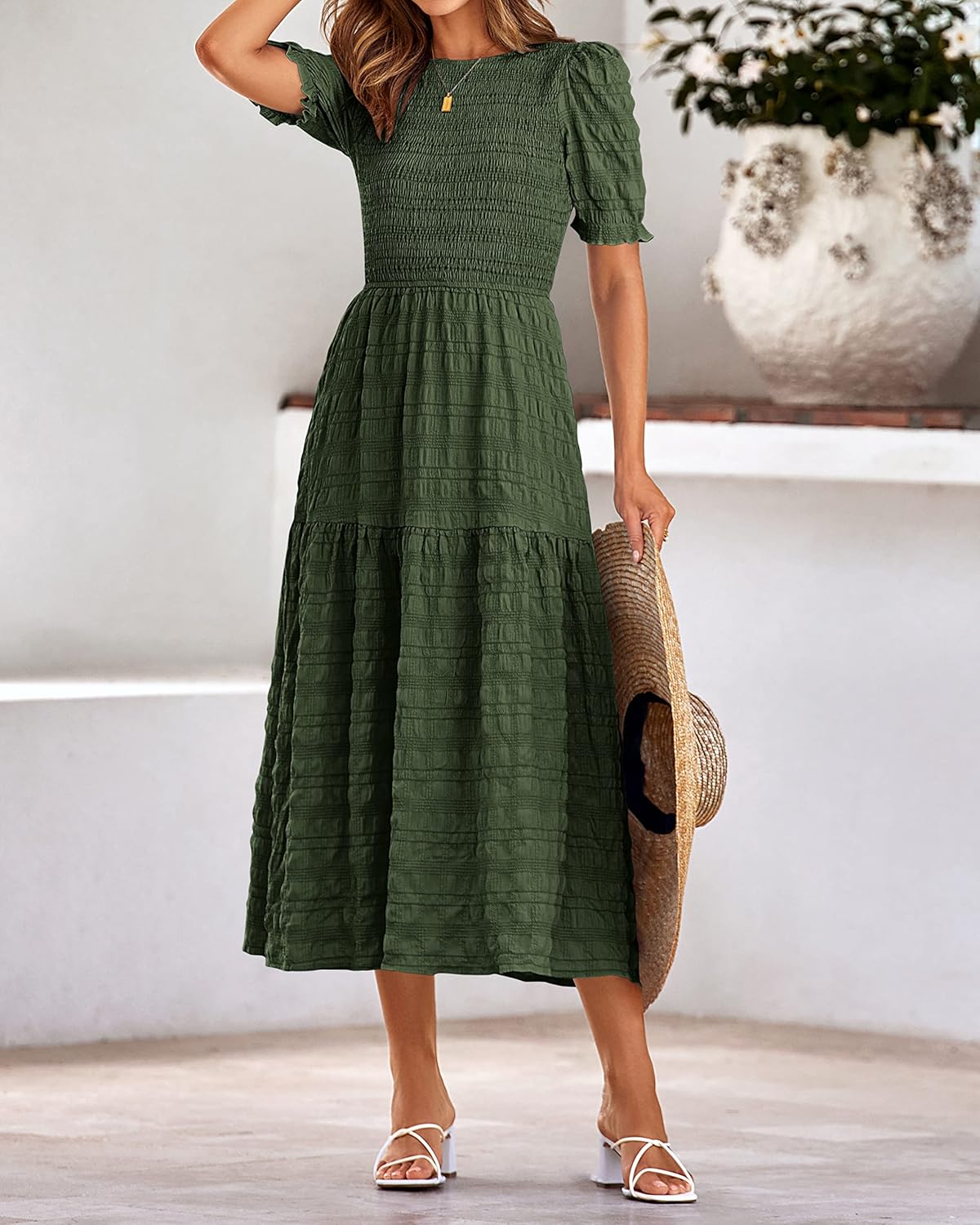 dowerme Womens Summer Dresses 2026 Casual Puff Short Sleeve Crewneck Smocked Flowy Ruffle Boho Beach Party Maxi Sundress - Image 6