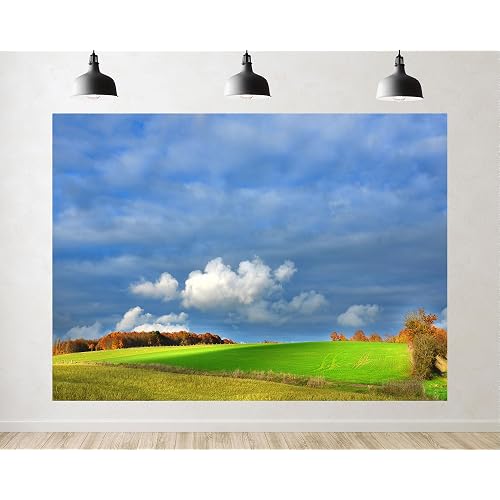 Trykid 5x3ft Rolling Green Pasture Hill Backdrop Puffy Cloud Clear Sky Tree Line Gentle Slope Photography Background Picnic Gala Feast Party Decoration Tapestry Photo Booth Prop Fabric