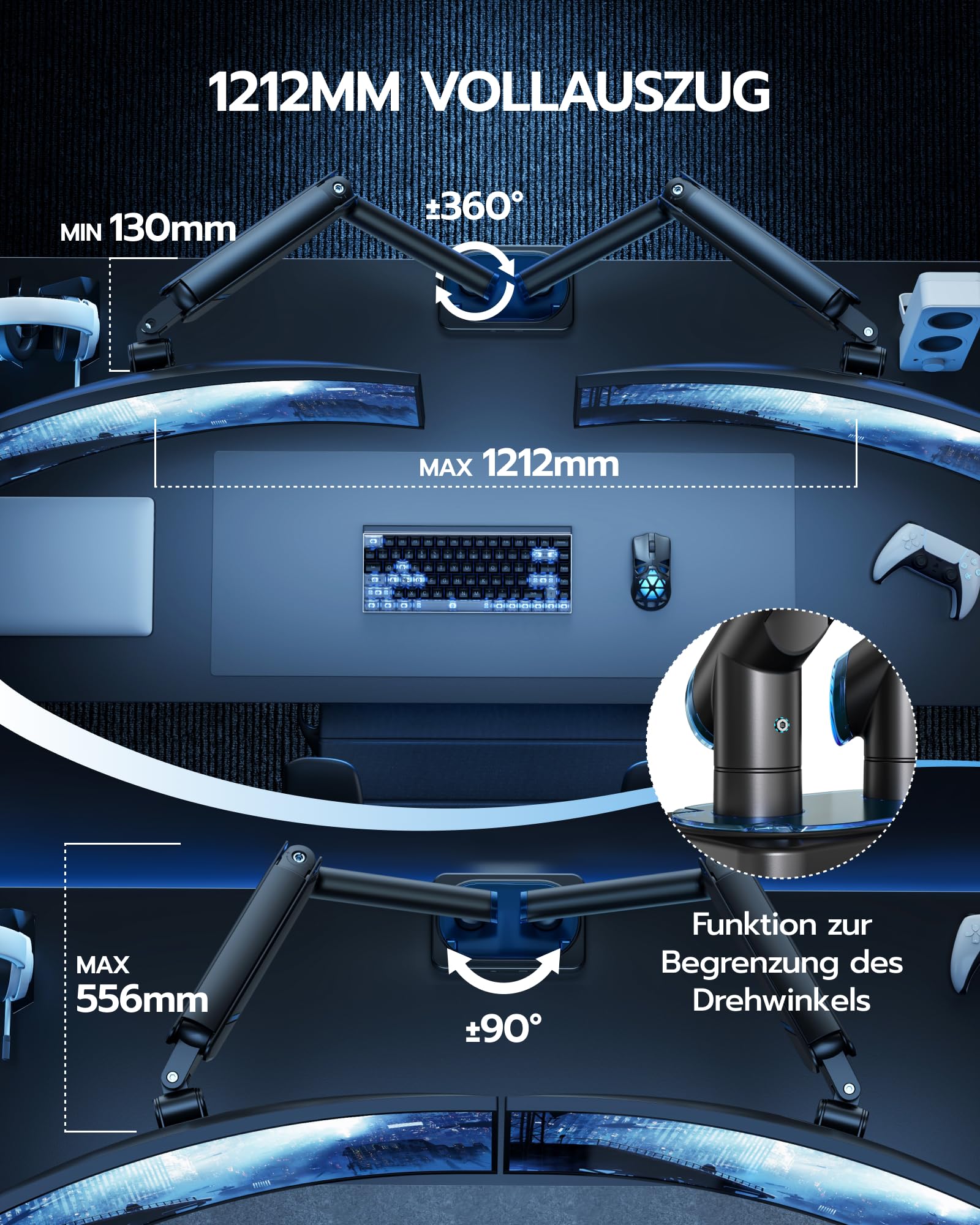 ARES WING Dual Monitor Halterung für 17-45 Zoll Bildschirme, Schwarz | Bildschirmhalterung 2 Monitore Gasfeder, Höhenverstellbar Schwenkbar Monitor Halterung, 2-20kg/arm，VESA 75/100 mm