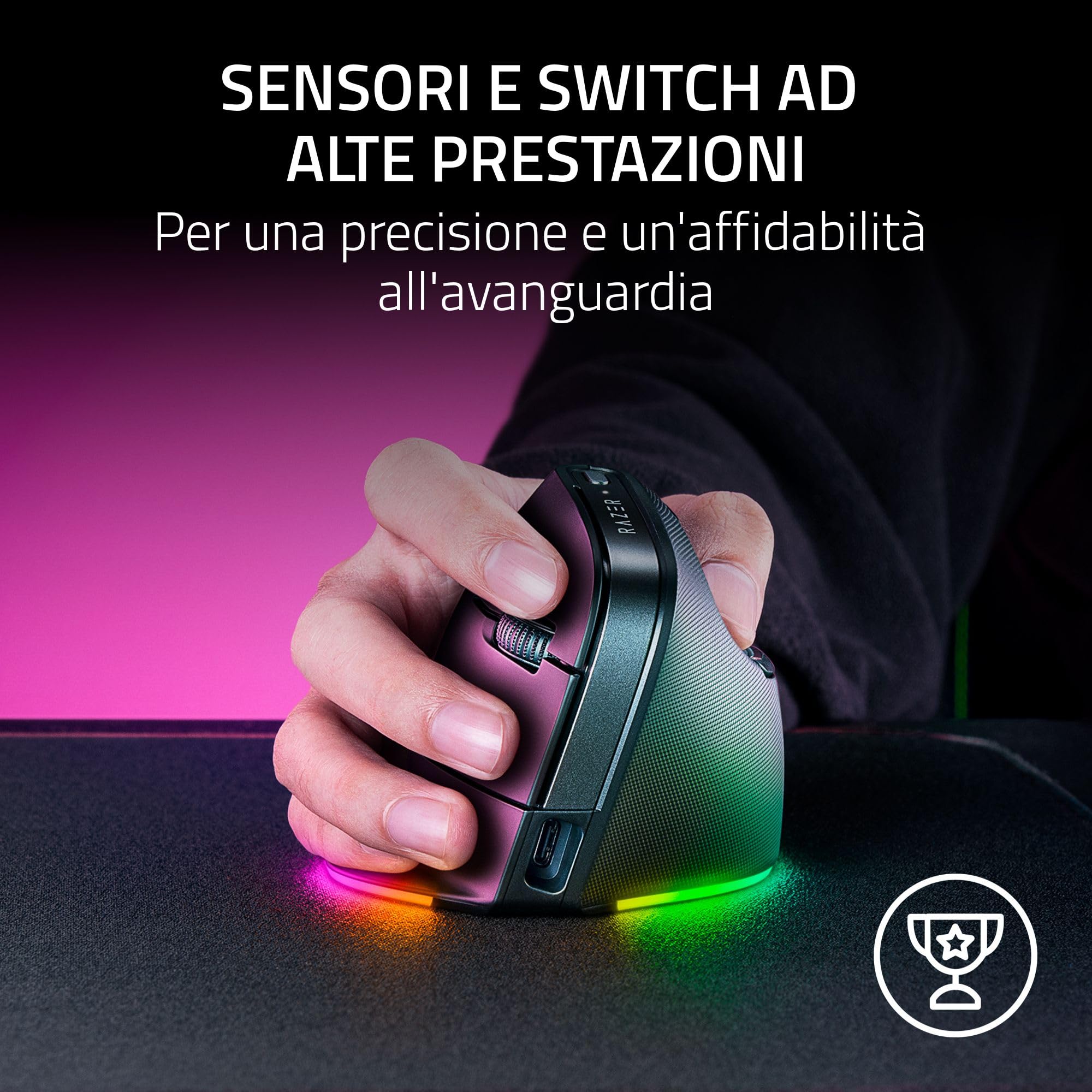 Razer Pro Click V2 Vertical - Mouse ergonomico verticale senza fili per utenti destrorsi - Assistenza IA Prompt - Sensore ottico 30K (durata della batteria fino a 6 mesi, Chroma RGB, 9 Pulsanti) Nero