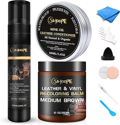SIHOOPE Kit de reparación de cuero-marrón-recolorante-limpiador-acondicionador-mento-aceite de visón para asiento de coche-muebles-sofá-zapato-