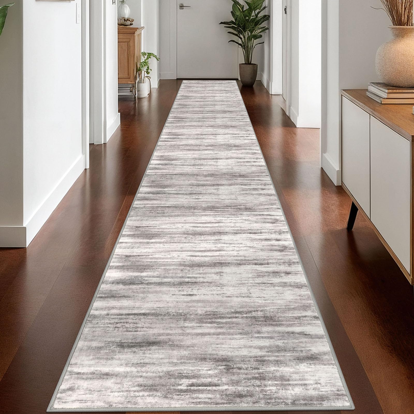 KOZYFLY Modern Abstract Washable Rug Runner 2.6x18 Hallway Rug Runner Non-Slip Soft Kitchen Runner Rugs, Grey-Beige Striped Carpet for Entryway Bathroom Laundry Room Foyer — image 1