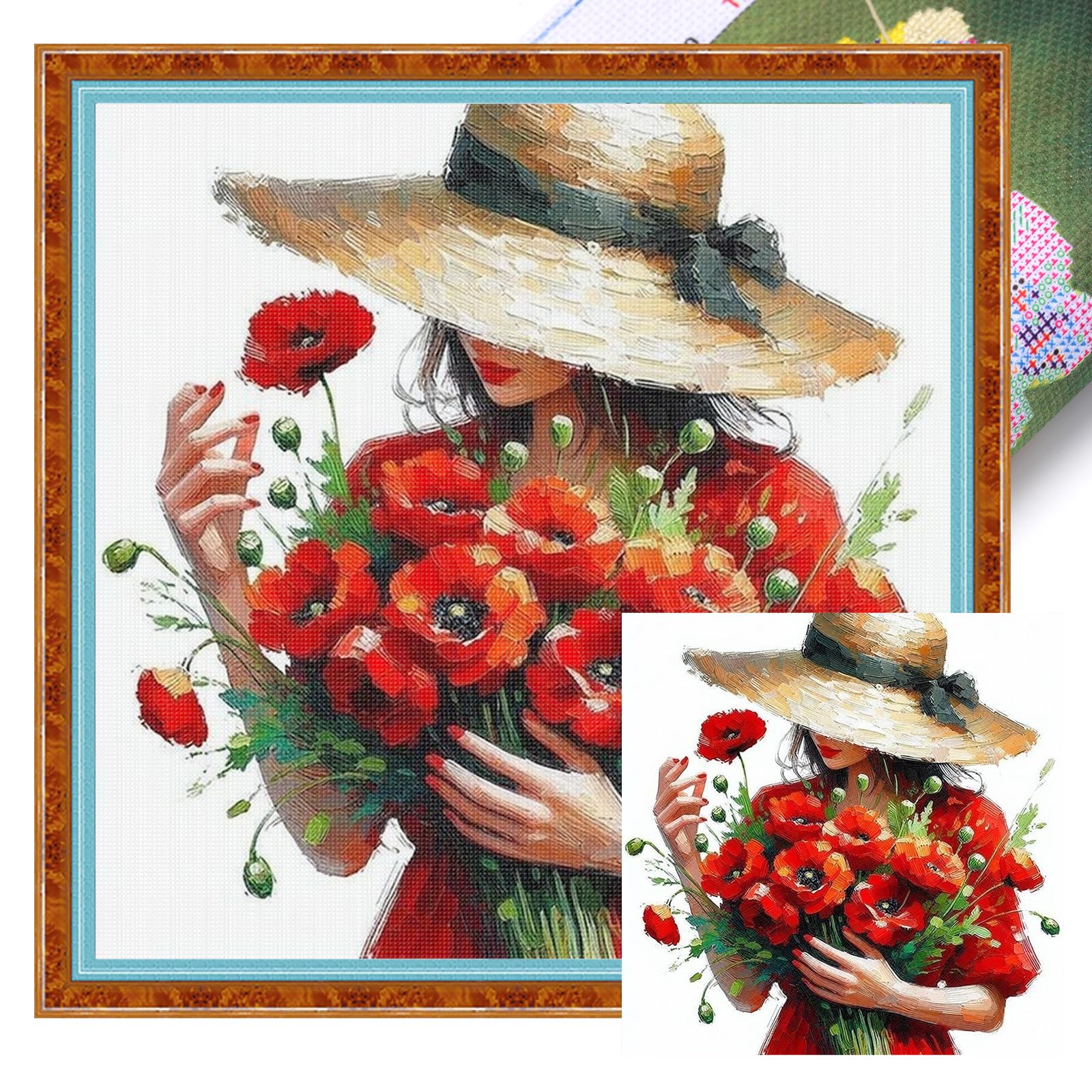 POETRYDRAW Red Poppy Girl Full 11CT DIY Stamped Cross Stitch Kits for Beginners Adults Home Decor Cross Stitch Art and Crafts Kits 17.55x17.55in (Red Poppy Girl)
