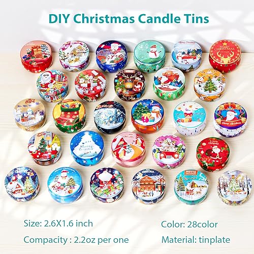 Miniatura 2 de Ahyiyou Latas de velas de Navidad, 28 unidades, 28 colores, 2.2 onzas, recipientes redondos con tapas, mechas para velas, soporte para mechas,