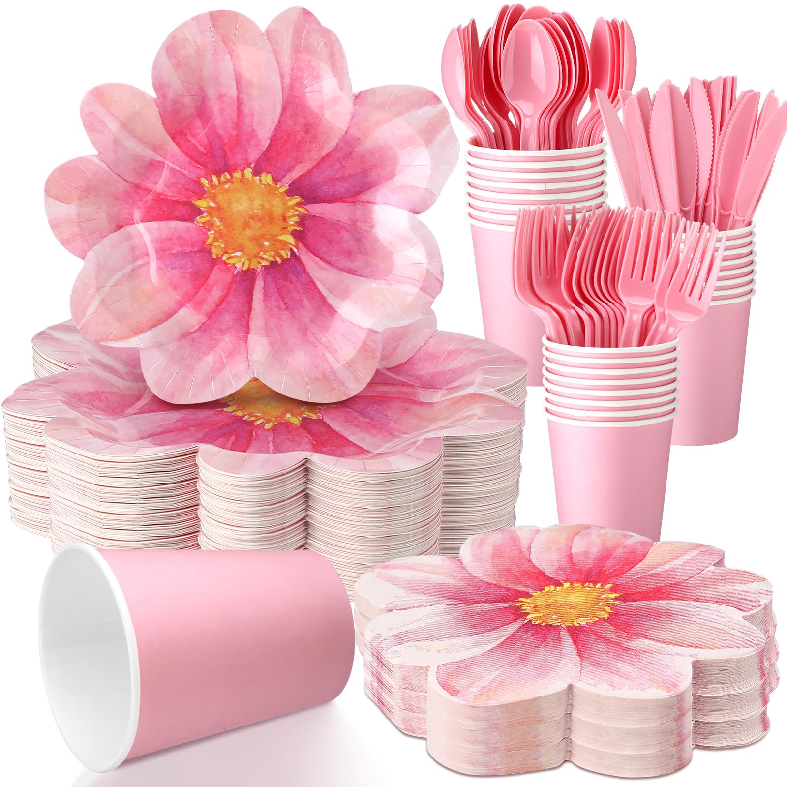 Sieral 144 Pcs Flower Party Supplies Include Disposable Flower Paper Plates Decorative Pink Floral Plates Napkins Cups and Cutlery for Bridal Baby