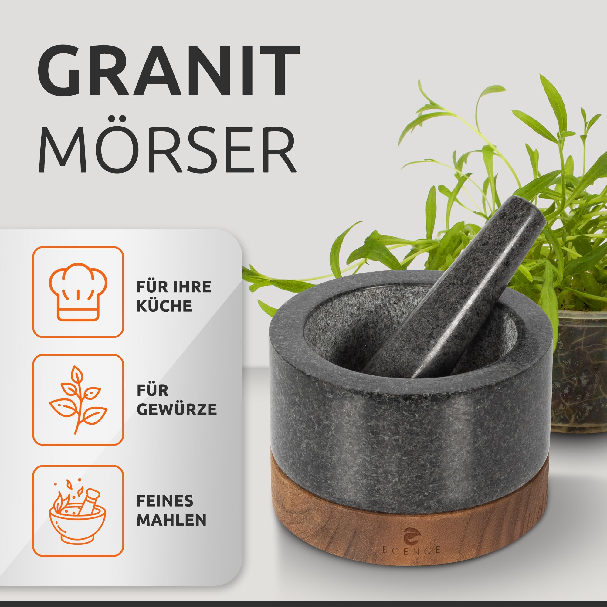 ECENCE Mörser mit Stößel aus Naturgranit und Akazienholz-Sockel Ø15,5cm | Hochwertiger massiver Steinmörser für Kräuter & Gewürze - Mortar and Pestle