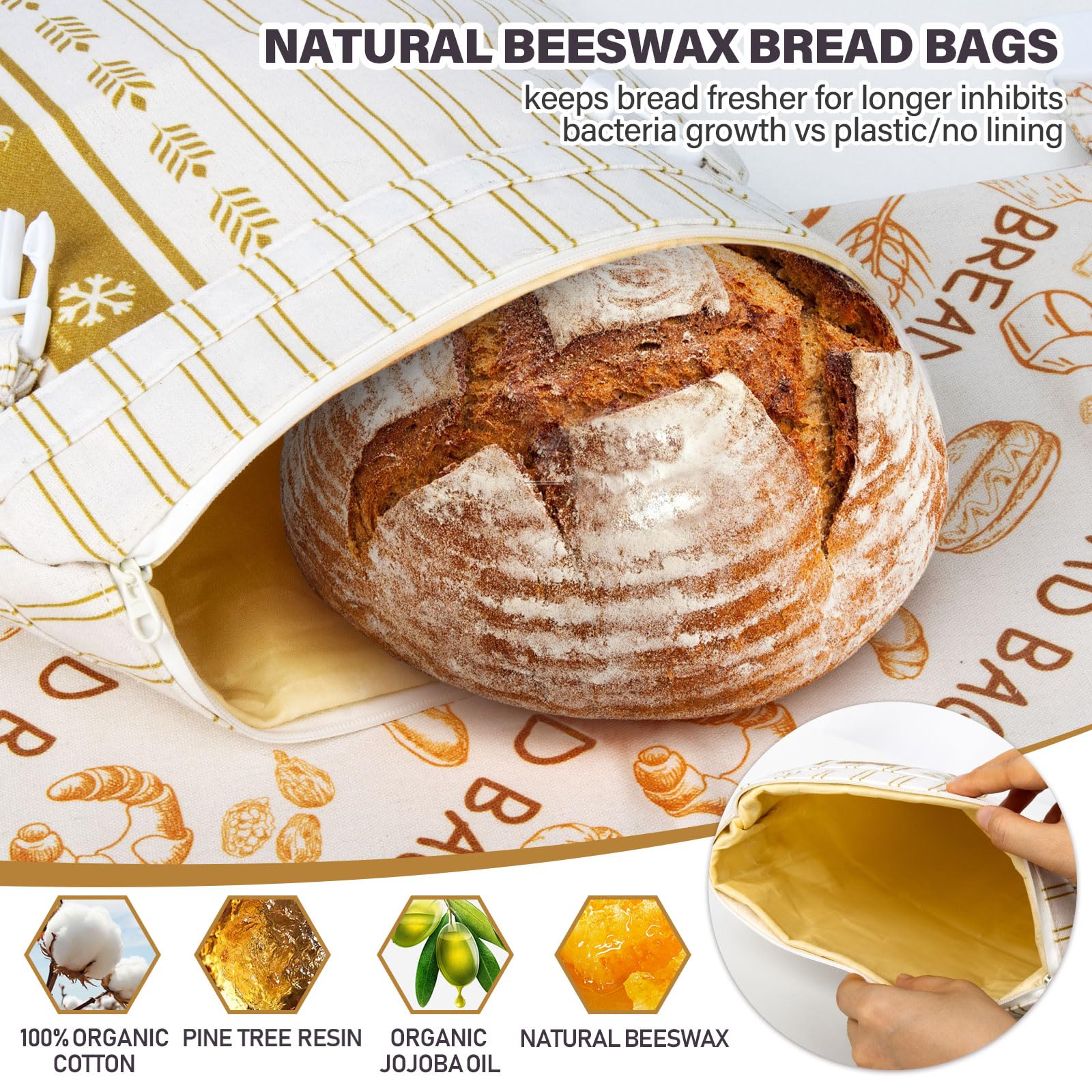Reusable Bread Bags for Homemade (2 Pack) - XL Sourdough Bread Bags Boxes, Natural Cotton Beeswax Storage Container, Sourdough Wraps with Zipper Closure, Large Capacity, Fresh and Refrigerable