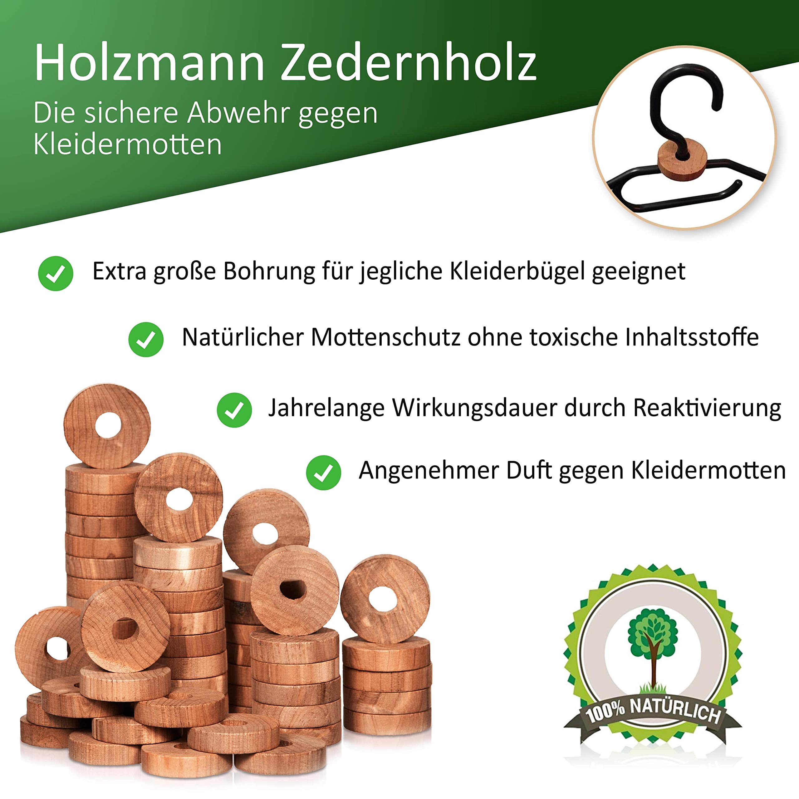 HOLZMANN zestaw 58 sztuk, ochrona przed molami z drewna cedrowego i lawendy, z papierem ściernym, drewno cedrowe, ochrona przed molami, naturalna ochrona przed molami, do szafy na ubrania, pierścienie