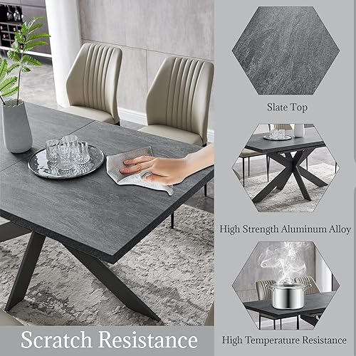 Miniatura 5 de Juego de mesa de comedor ZckyCine para 6, mesa de comedor moderna de 78' de madera oscura y juego de sillas de comedor de tela de 6, juego de mesa