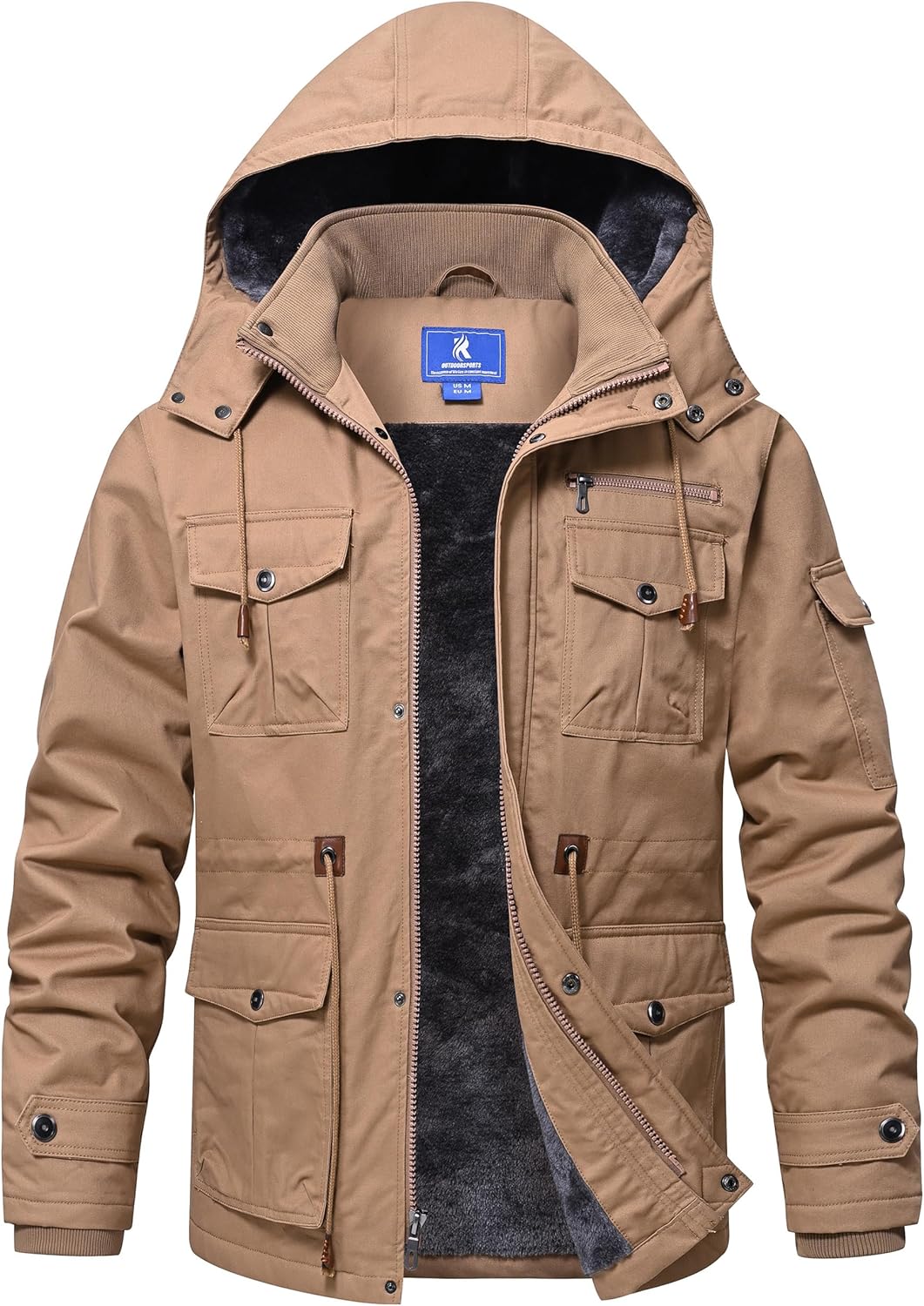 Rapoo Men's Winter Jacket Cotton Work Military Jackets Fleece Lined Thick Warm Cargo Coats with Hooded