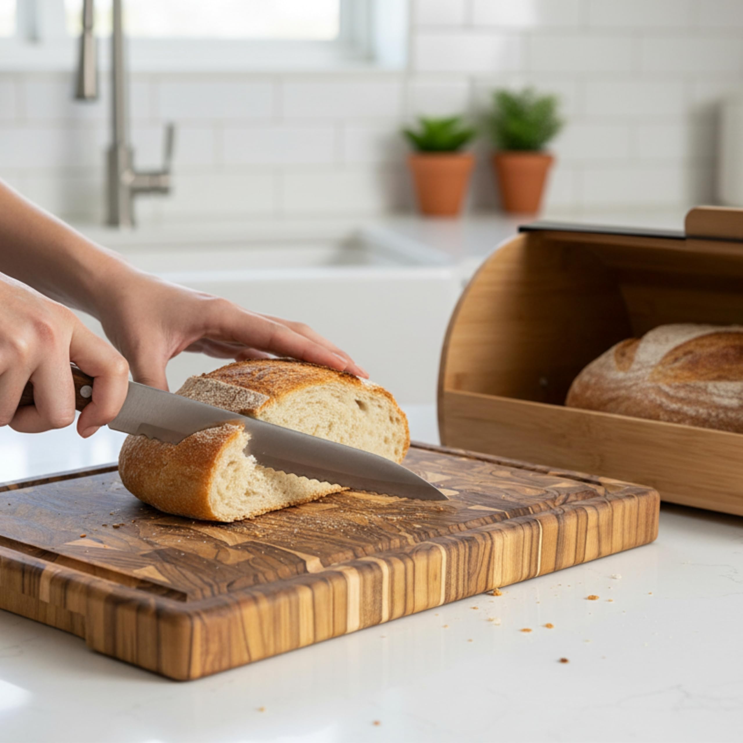 Erreke Schneidebrett aus Natürlichem Teakholz End Grain, 44x30x3,8 cm, Groß | Schneidebrett Holz. XL mit Saftrille. Wendbar und mit Griffen. Holz-Schneidebrett Küche. Für Käse Wurst Fleisch Brot