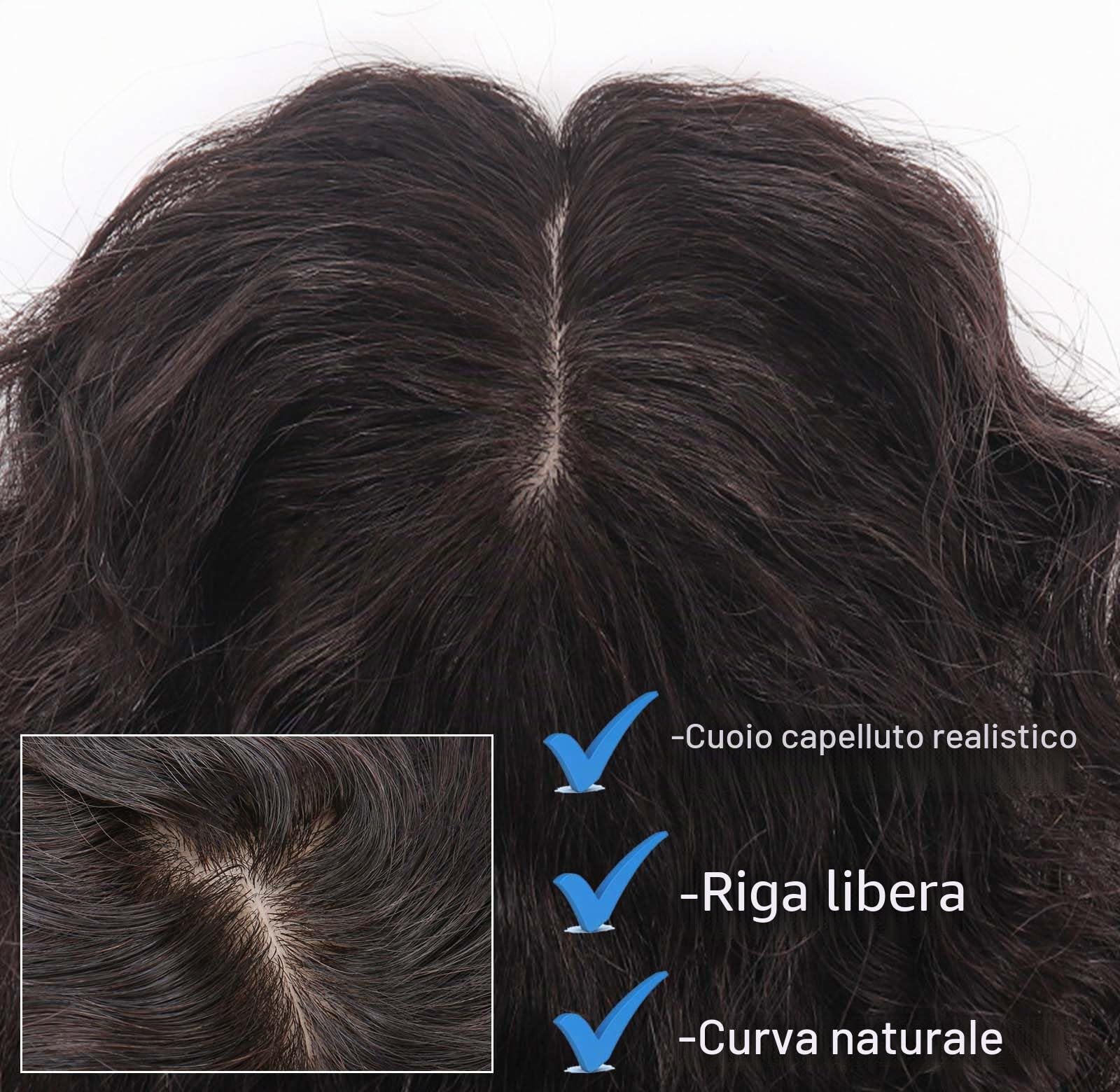 Capelli veri, 30 cm, base in seta ondulata, per donne con capelli diradanti, extension a clip con cuoio capelluto realistico, 7 x 10 cm, piccola copertura superficiale, marrone scuro