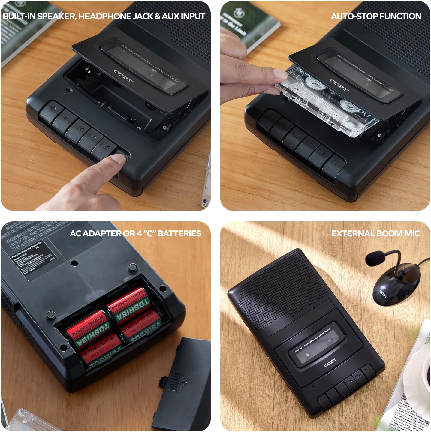 Coby Portable Cassette Player & Recorder with Standing Microphone – Retro Shoebox Tape Recorder with Built-in Speaker, Aux Input, Headphone Jack & Dual Power (Battery/AC) – Classic Black Audio Device