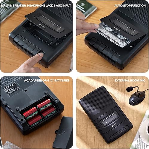 Miniatura 4 de Coby Portable Cassette Player & Recorder with Standing Microphone – Retro Shoebox Tape Recorder with Built-in Speaker, Aux Input, Headphone Jack &