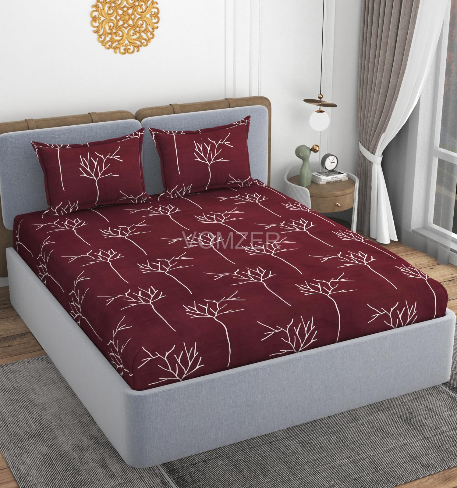 VOMZER Cotton Feel All Around Elastic Premium Fitted Bedsheets, 320 TC Elastic Fitted Bedsheets Queen Size, with 2 Pillow Covers, Size - 60 x 78 x 8 Inch (Wine Tree)