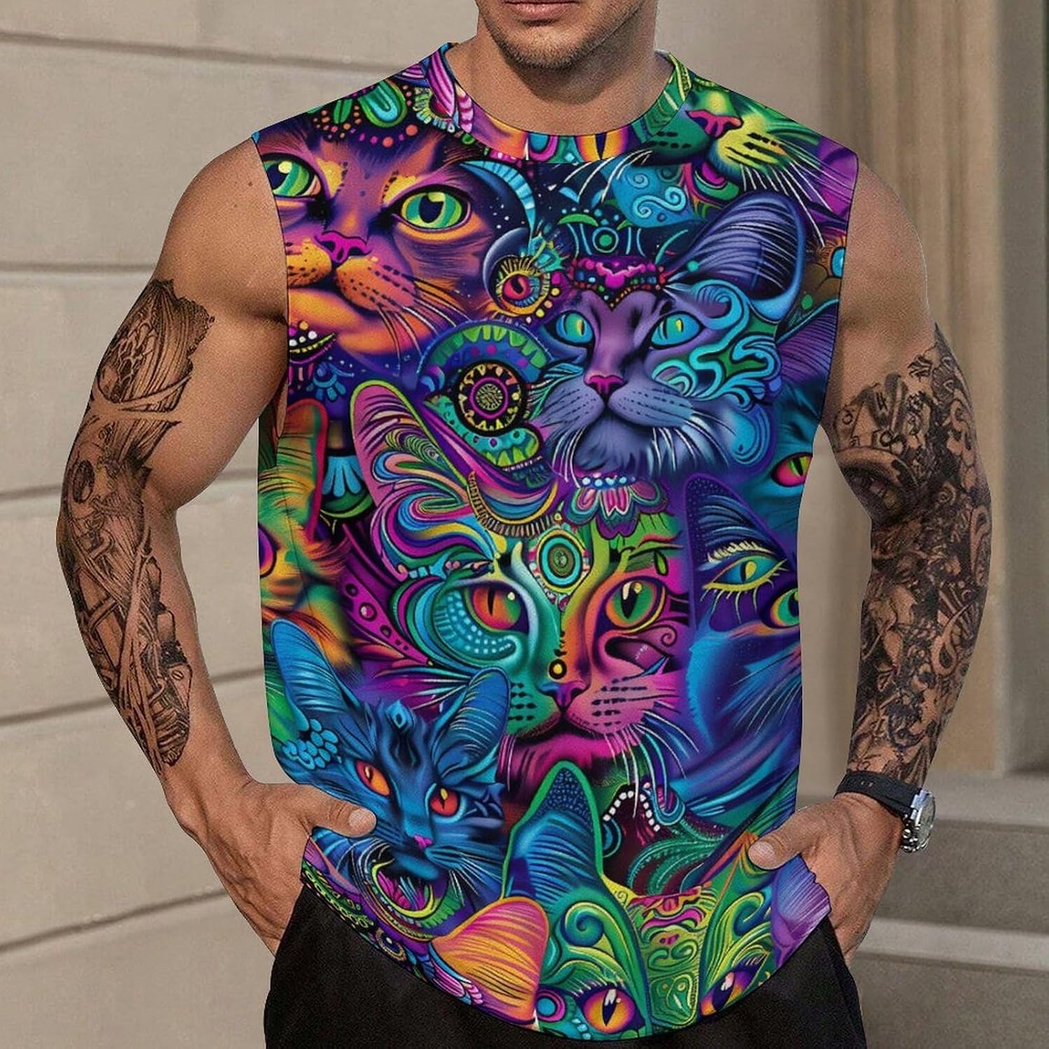 Colorful Cat Faces Men Summer Sleeveless Crew Neck Top 5XL