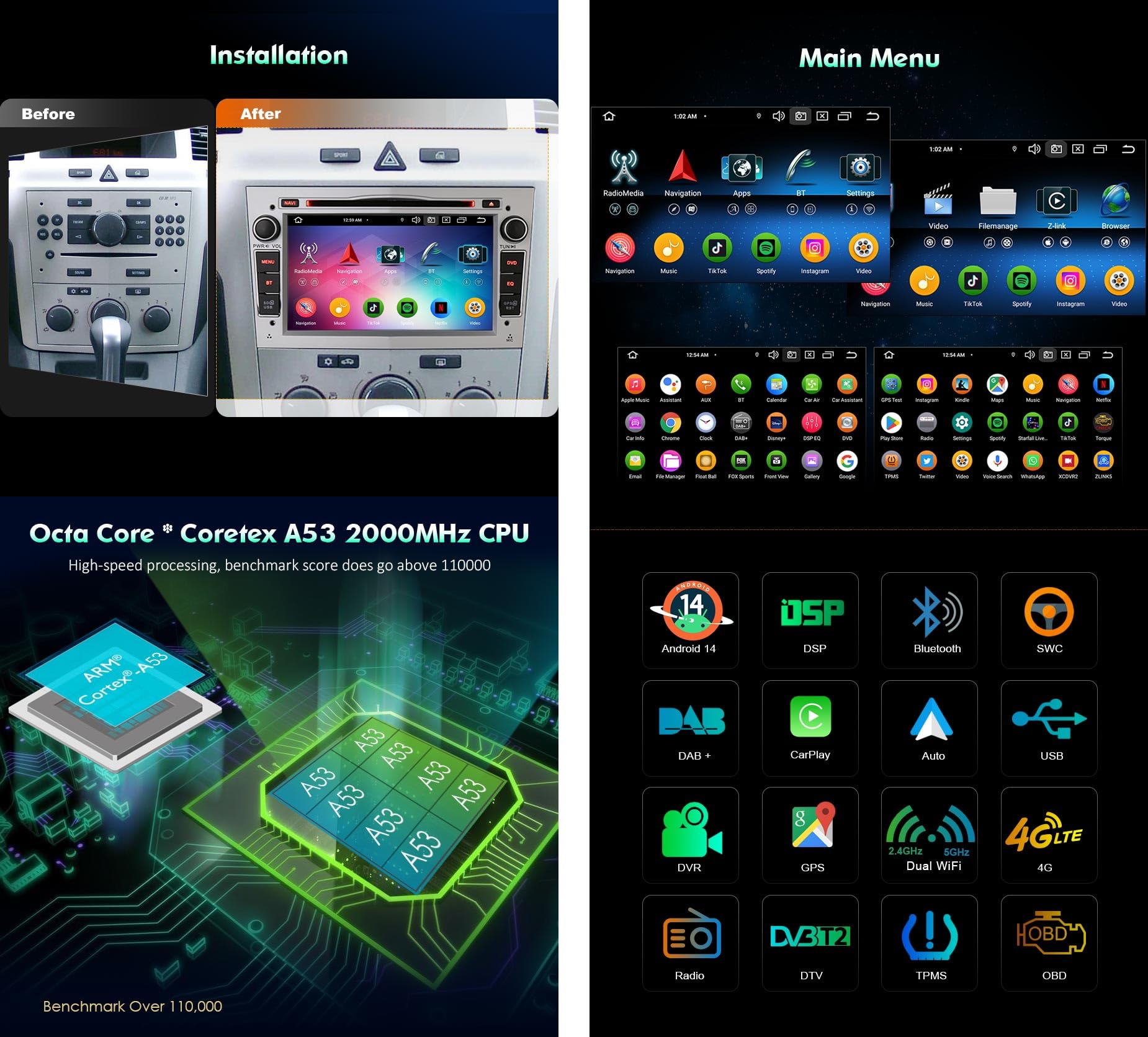 Erisin 8-Core Android 14 4GB+64GB DVD Autoradio GPS Navigatore per Opel Antara Astra Corsa C/D Vectra Meriva Signum Vivaro Zafira Combo 7" Bluetooth 5.0 CarPlay Android Auto WiFi 4G DSP RDS CANbus