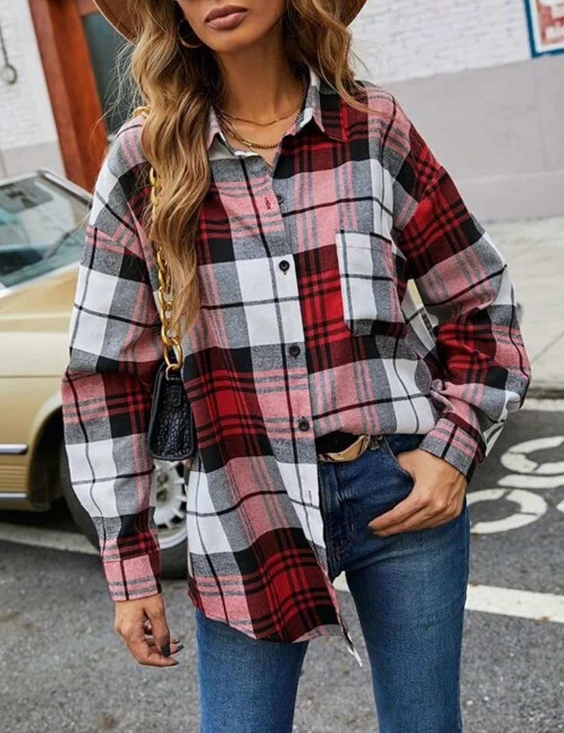Womens Fashion Flannel Buffalo Plaid Shirt Button Down Long Sleeve Casual Loose Collared Shirts Blouse Top - Image 2