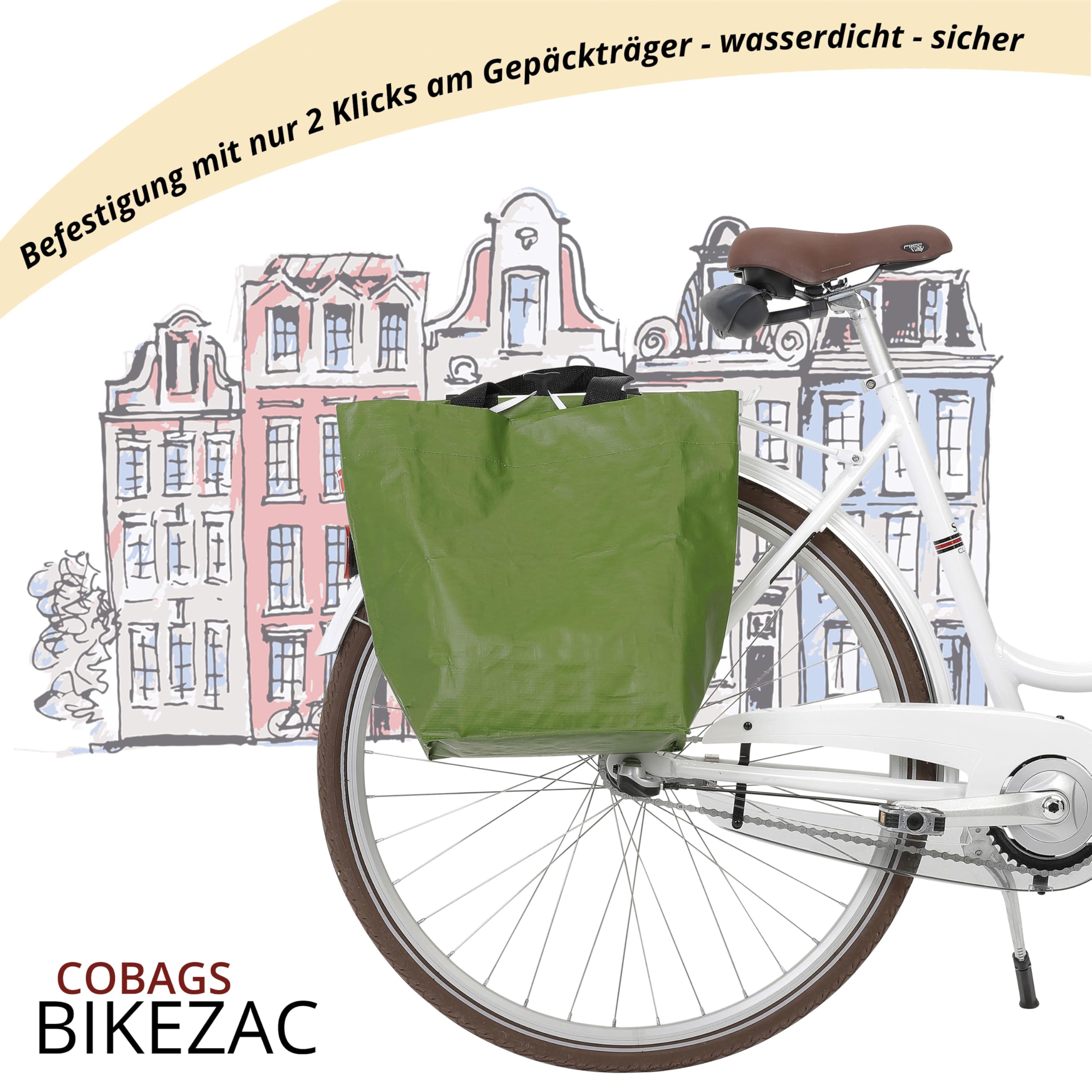 BikeZac 2.0 di COBAGS - Borsa per la spesa da bicicletta, clip-on, riutilizzabile, borsa per il carrello della spesa, riciclabile (Simply verde, 2 pezzi)