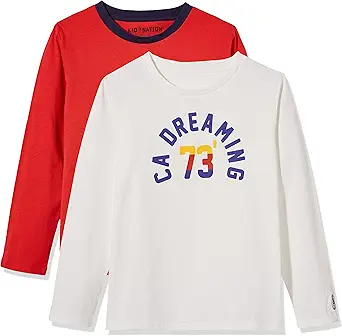 Kids 2 Packs 100% Cotton Tagless Long Sleeve Crewneck T Shirt Top for Boys or Girls 4-12 Years