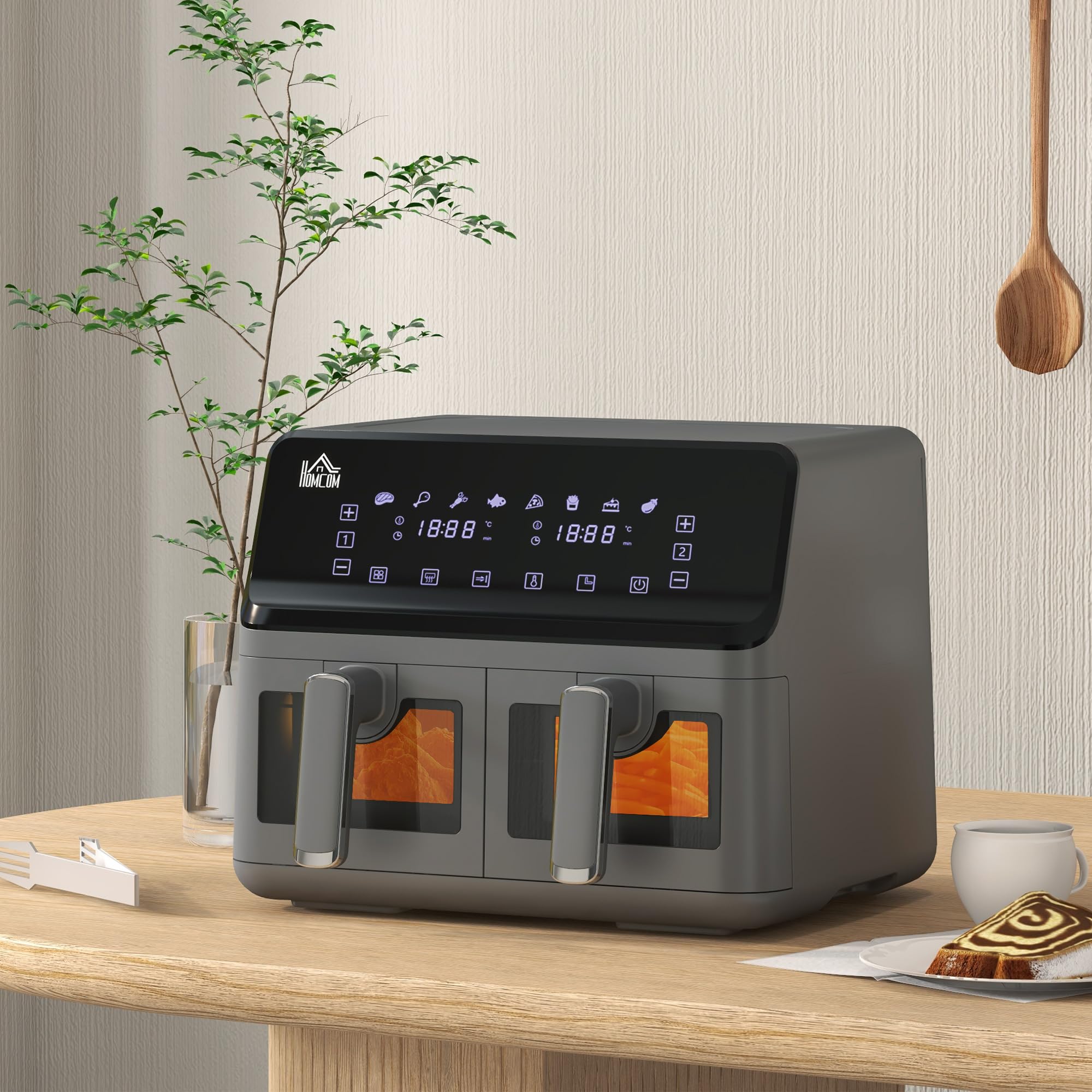 HOMCOM Friggitrice Ad Aria Doppia 8L 2500W - 2 Cestelli Indipendenti, 8 Programmi, Touch LED, Finestre Illum., Grigia - 2