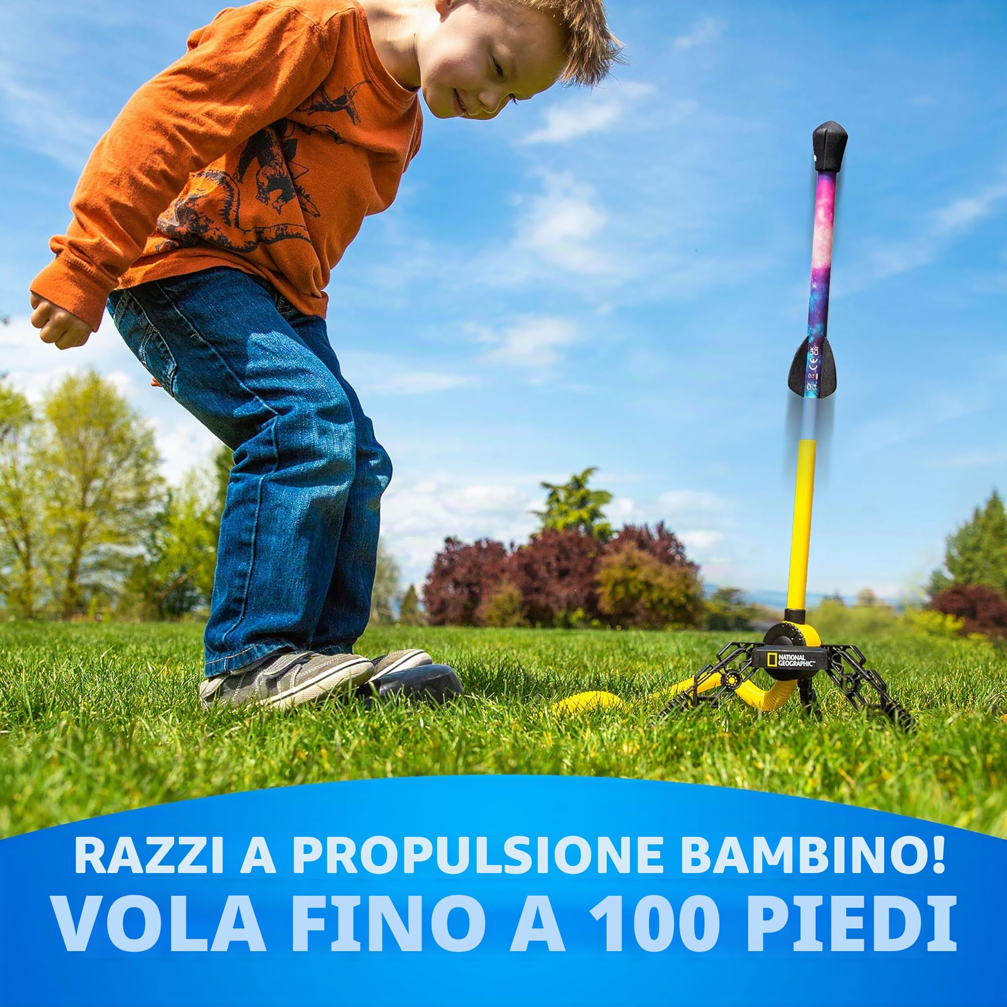 National Geographic Razzo ad Aria per Bambini – Lanciatore di Razzi LED, Salta e Lancia Razzi in Schiuma Fino a 30,5 Metri, Giochi all'Aperto