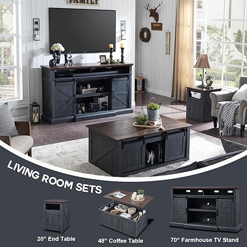 Miniatura 6 de SinCiDo Mesita de noche de granja con estación de carga, mesa auxiliar rústica de 20 pulgadas con puerta de granero, mesita de noche auxiliar de