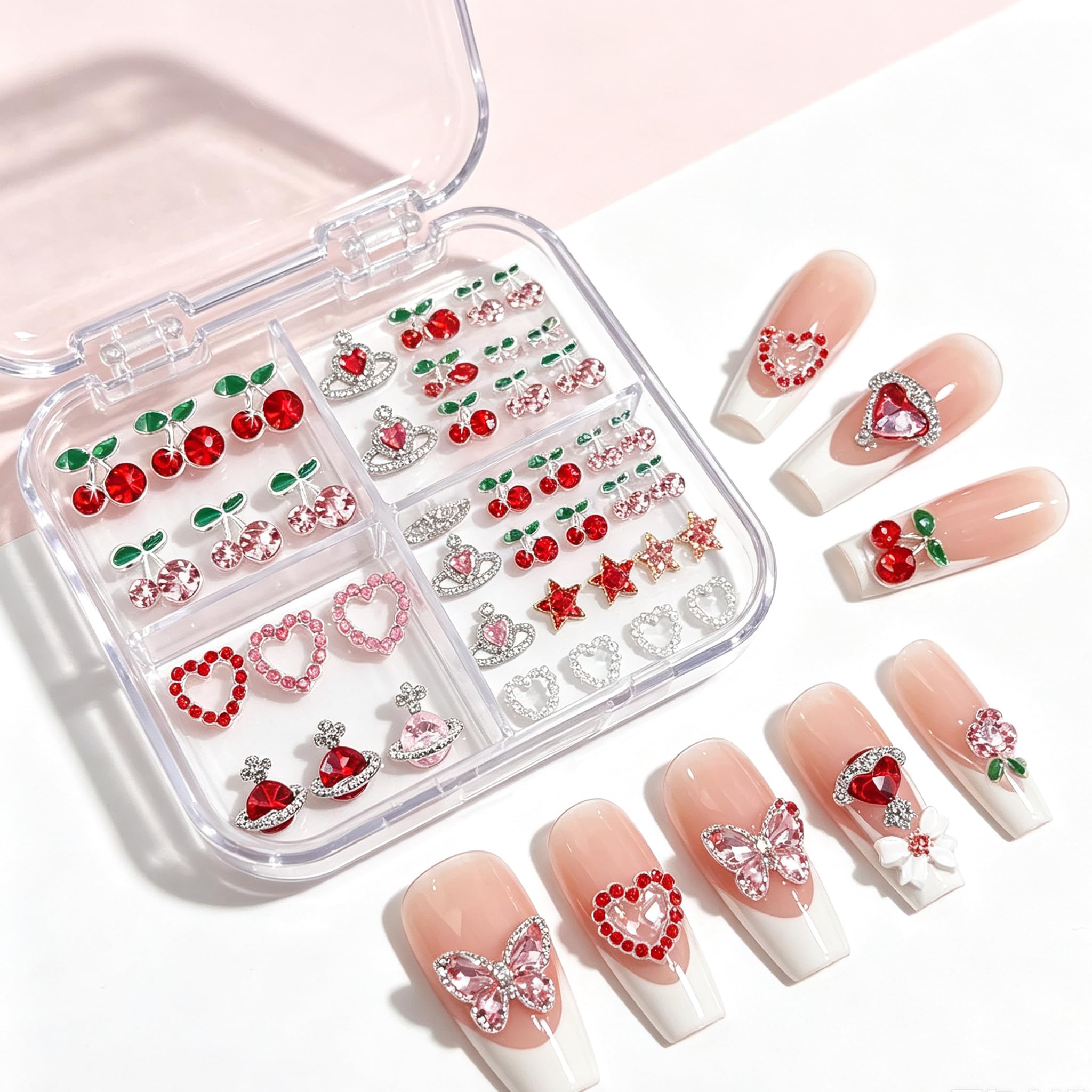 COOSLIM 45 ciondoli per unghie a forma di ciliegia, con strass rossi e rosa, gemme per nail art, stelle, cuore, pianeta, perle, decorazioni per unghie, a forma di Saturno, accessori per unghie in