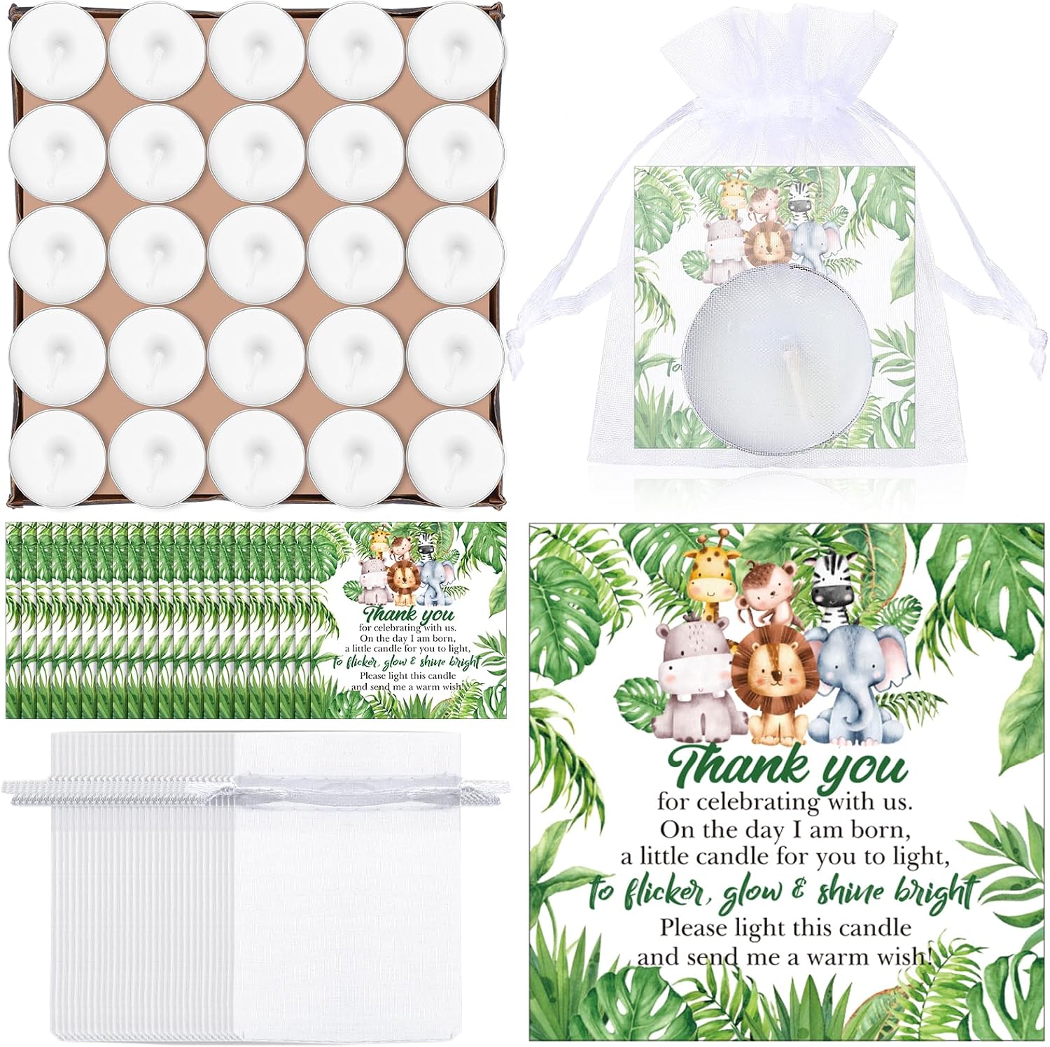 MTLEE 50 Sets Baby Shower Party Favors Candles Including 50 Pcs Tealight Candles Thank You Cards Baby Shower Bags for Guests Prizes Gender Reveal Party Decorations(White,Animals)