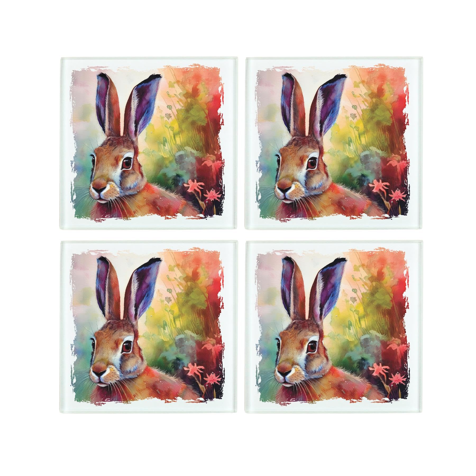 Vibrant Hare Coaster Set - Watercolour Animal Gift - Square Glass Set of Four (4) Coasters