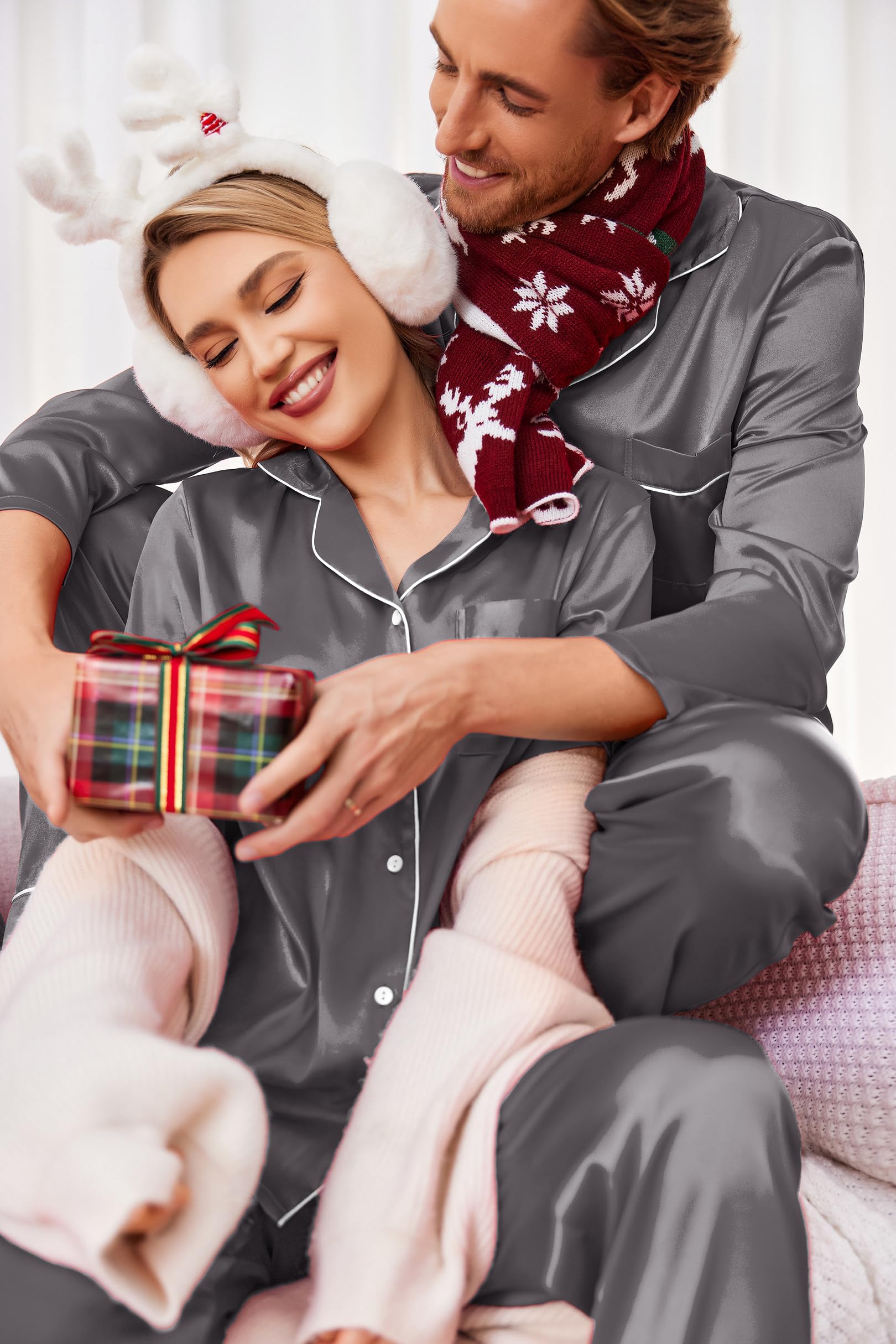 Ekouaer Pijamas a juego para parejas, de seda, de manga larga, de satén, suave, con botones, tallas S-XXL, Gris oscuro, Small