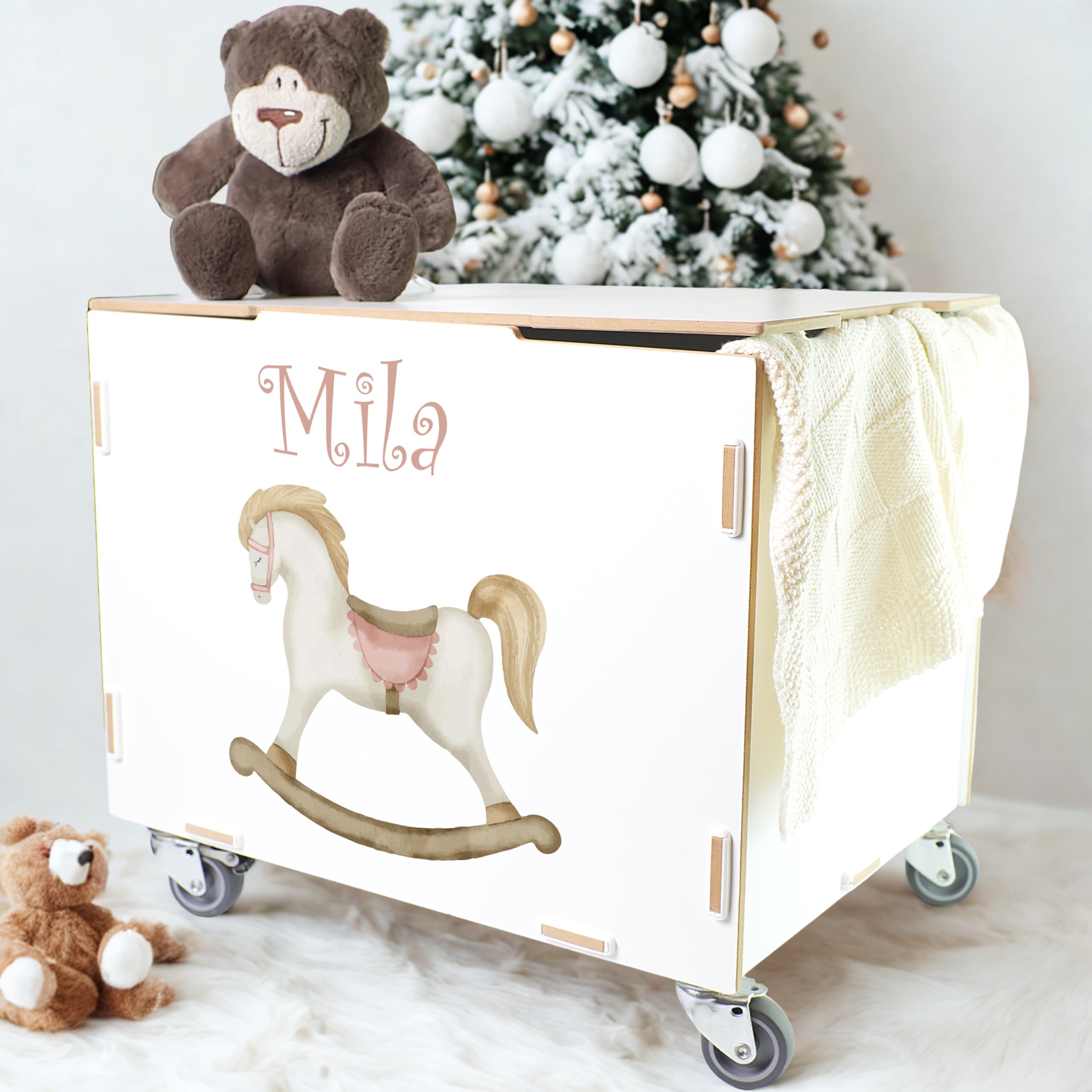 Peronalisierbare Rollbox mit Schauckelpferd Kinder-Motiv (33x45,5x34,5cm + 6cm Räder-Höhe) Kisten/Boxen personalisiert mit Text oder Namen - Kinderzimmer Rollkiste/Kiste als Spielzeugkiste