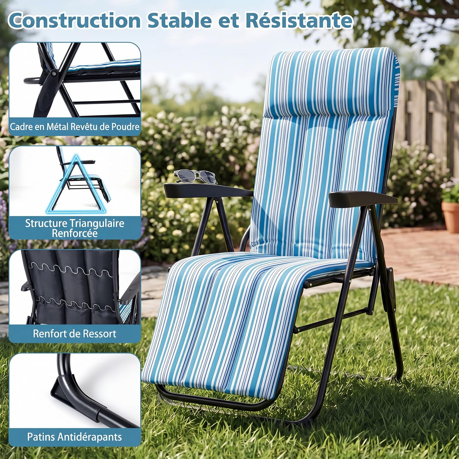 COSTWAY Chaise Longue Pliante Jardin, Bain de Soleil Pliable, Dossier Réglable 6 Positions, Coussin Rembourré, Accoudoirs, Patins Antidérapants, Transat pour Camping Piscine, Charge 150 kg